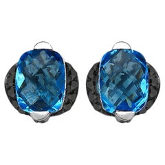 Schweizer Blautopas-Ohrringe mit schwarzem Diamant 3,70 Karat Sterling Silber