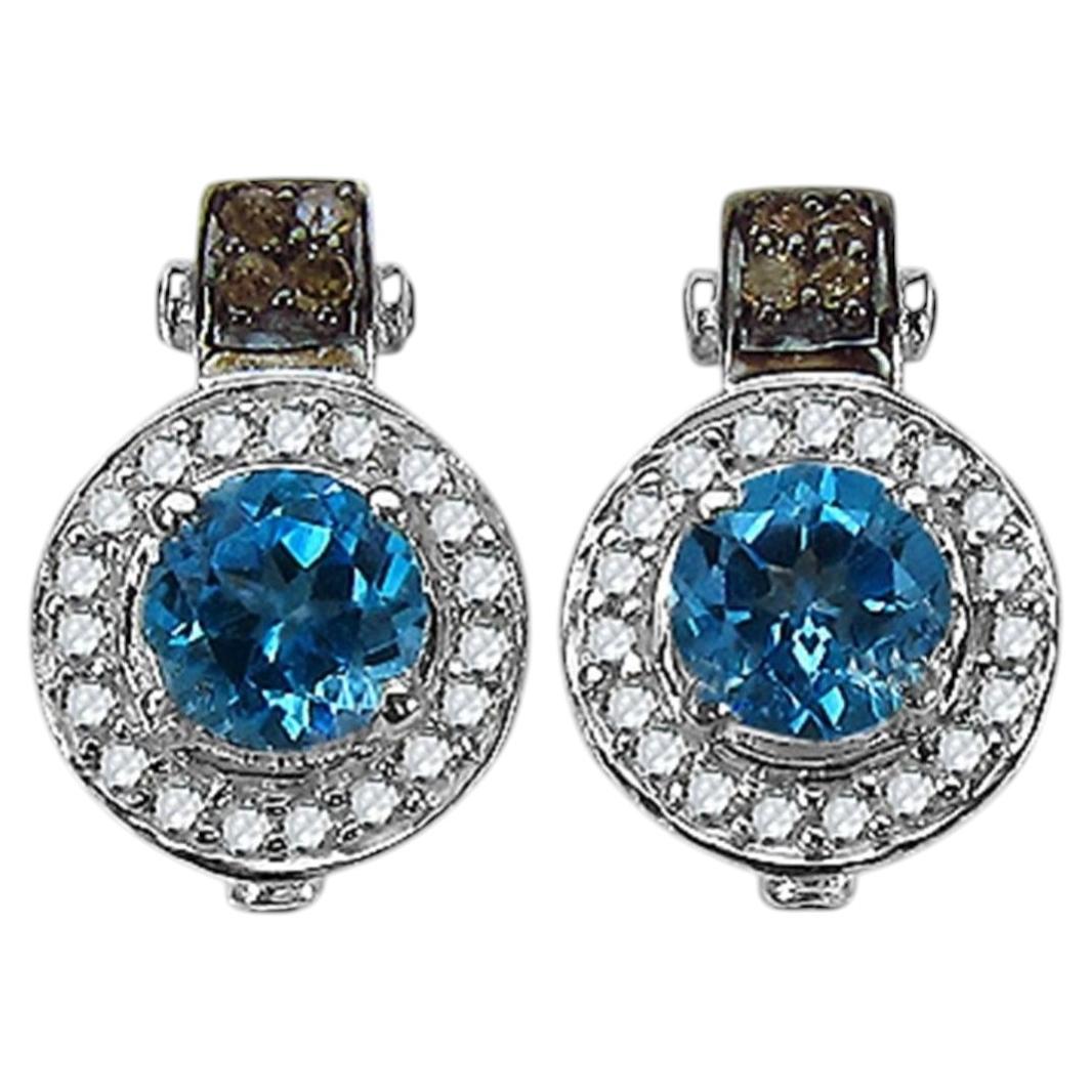 Pendientes de topacio azul suizo con diamantes 1,44 quilates Plata de ley en venta