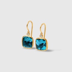 Swiss Blue Topaz, Faceted Checkerboard Earrings with Diamond Detail, in 24ktGold