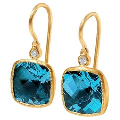 Swiss Blue Topaz, Faceted Checkerboard Earrings with Diamond Detail, in 24ktGold