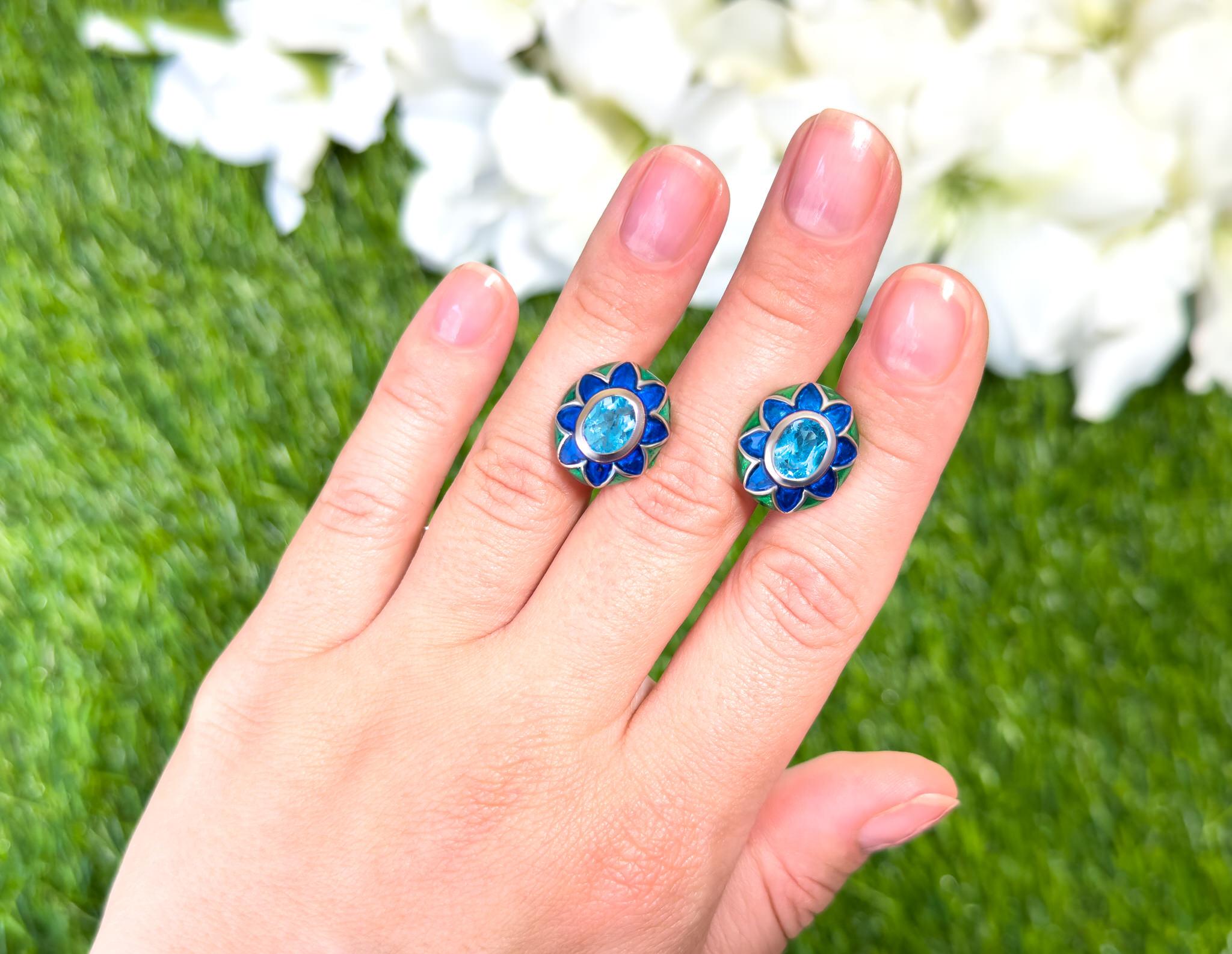 Art nouveau Boucles d'oreilles suisses en émail floral et topaze bleue 3,2 carats en vente