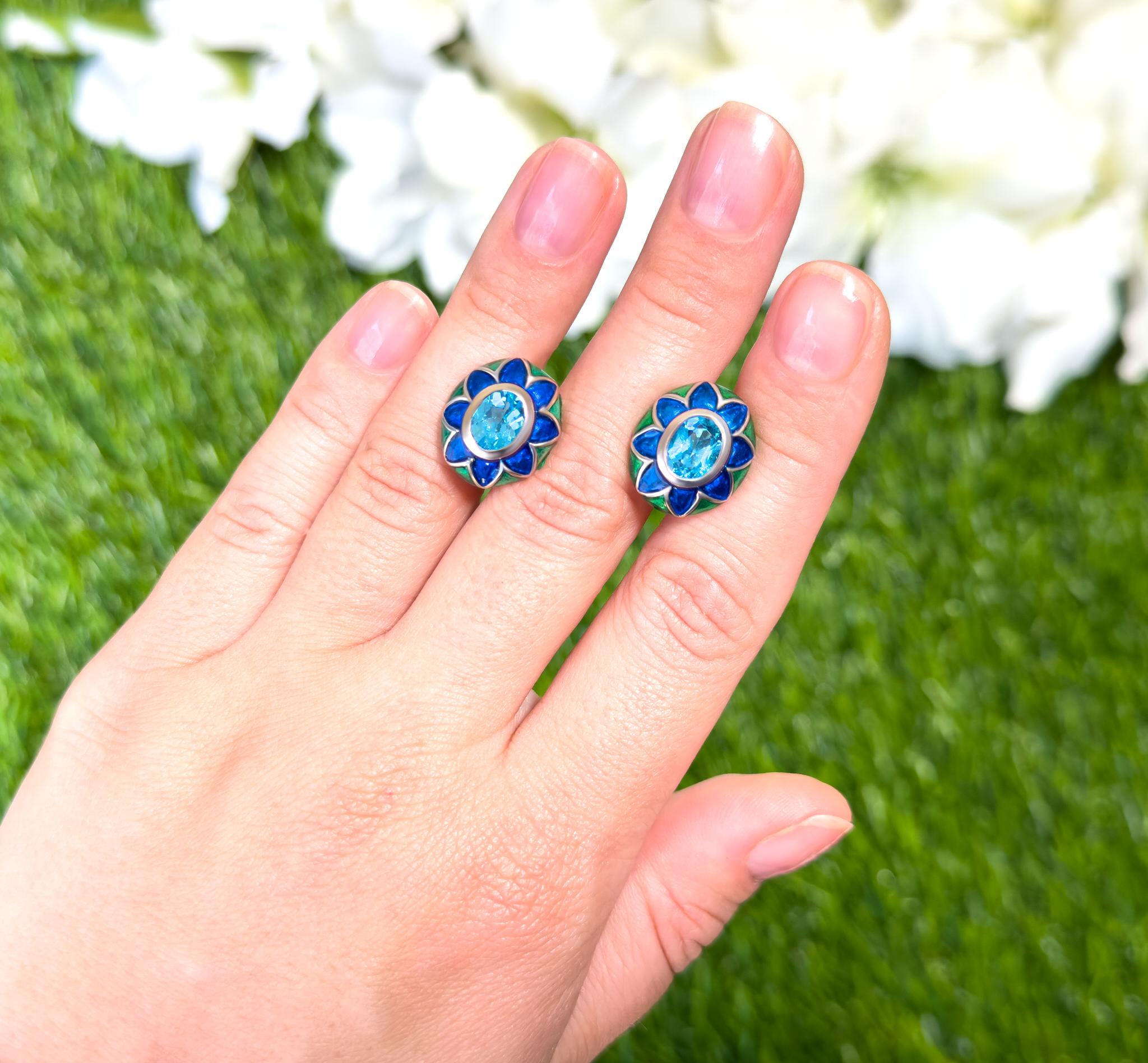 Boucles d'oreilles suisses en émail floral et topaze bleue 3,2 carats Excellent état - En vente à Aliso Viejo, CA