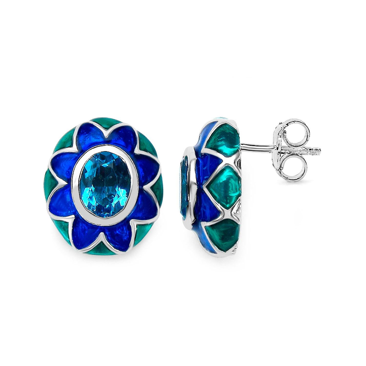 Boucles d'oreilles suisses en émail floral et topaze bleue 3,2 carats Unisexe en vente