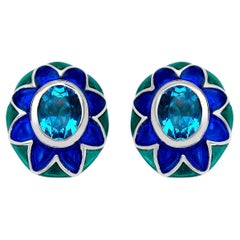 Swiss Blue Topaz Floral Enamel Earrings 3.2 Carats