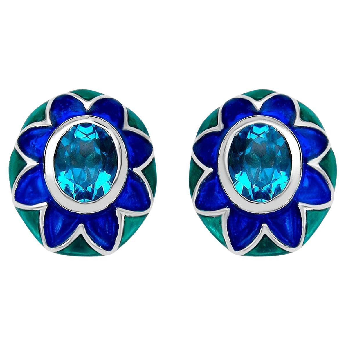 Swiss Blue Topaz Floral Enamel Earrings 3.2 Carats For Sale