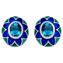 Boucles d'oreilles suisses en émail floral et topaze bleue 3,2 carats