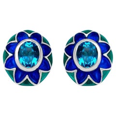 Swiss Blue Topaz Floral Enamel Earrings 3.2 Carats