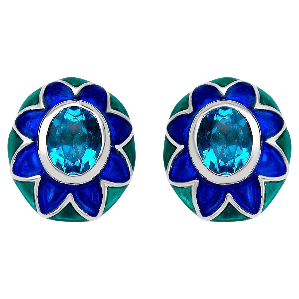 Boucles d'oreilles suisses en émail floral et topaze bleue 3,2 carats