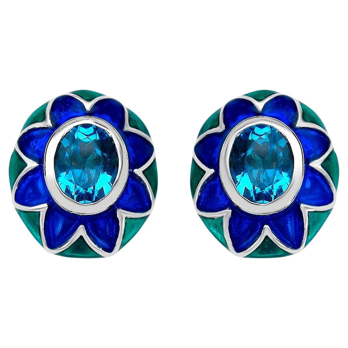 Boucles d'oreilles suisses en émail floral et topaze bleue 3,2 carats en vente