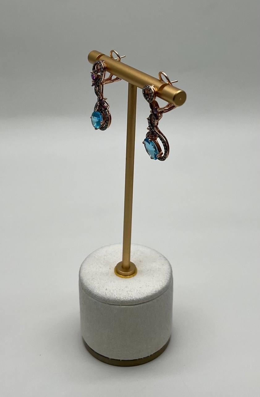 Modern Swiss Blue Topaz Floral Flower Nature Branch Amethyst Motif Rose Gold Earrings For Sale