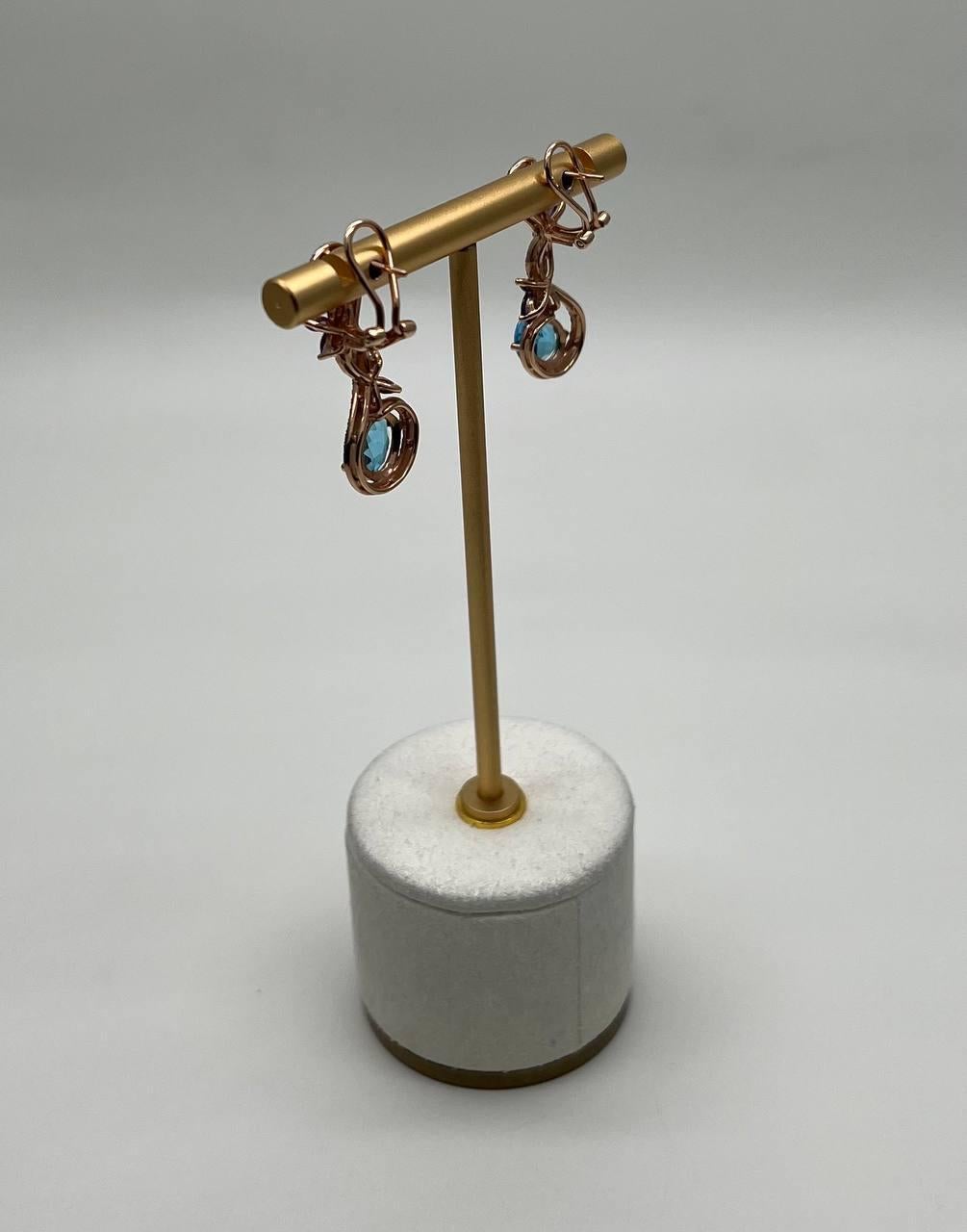 Mixed Cut Swiss Blue Topaz Floral Flower Nature Branch Amethyst Motif Rose Gold Earrings For Sale