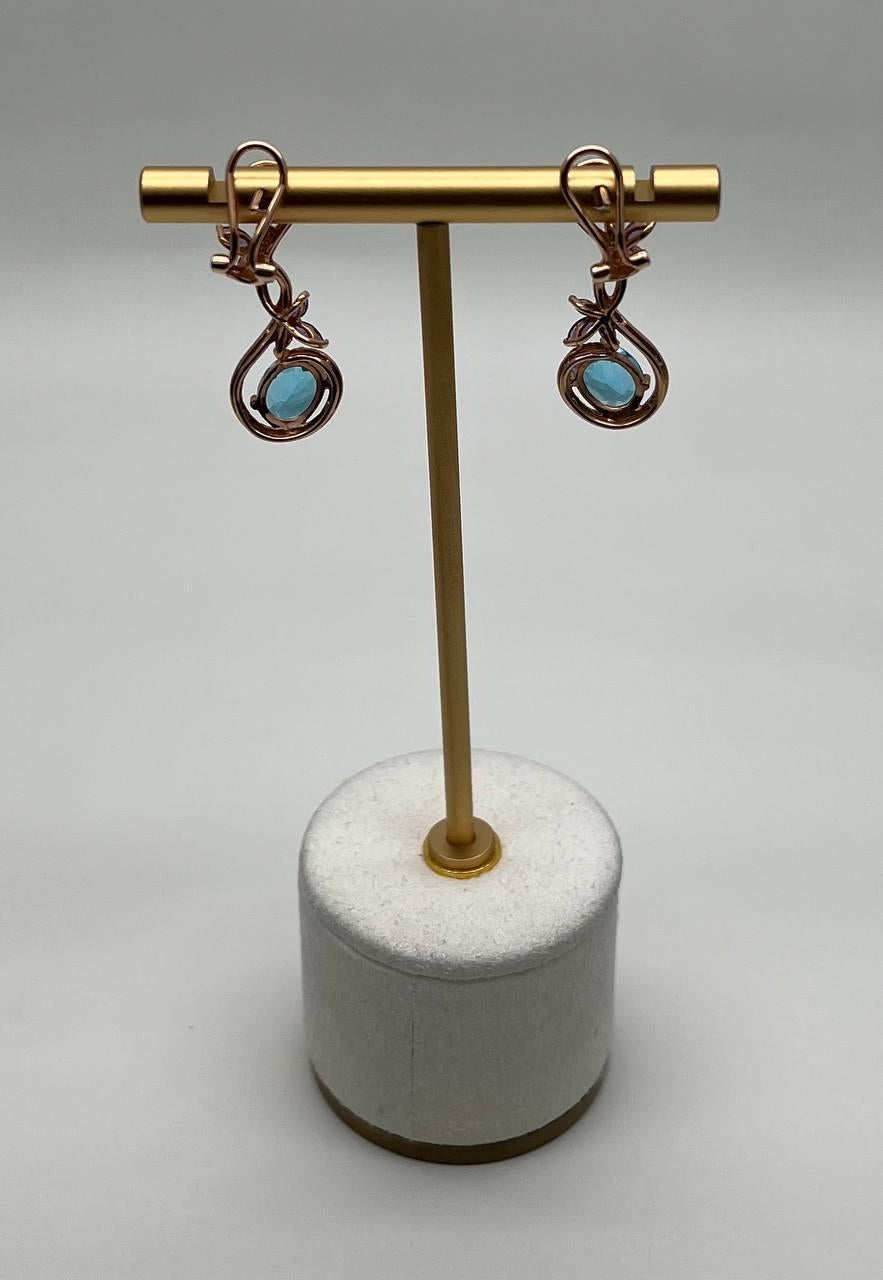Swiss Blue Topaz Floral Flower Nature Branch Amethyst Motif Rose Gold Earrings In New Condition For Sale In Oakton, VA