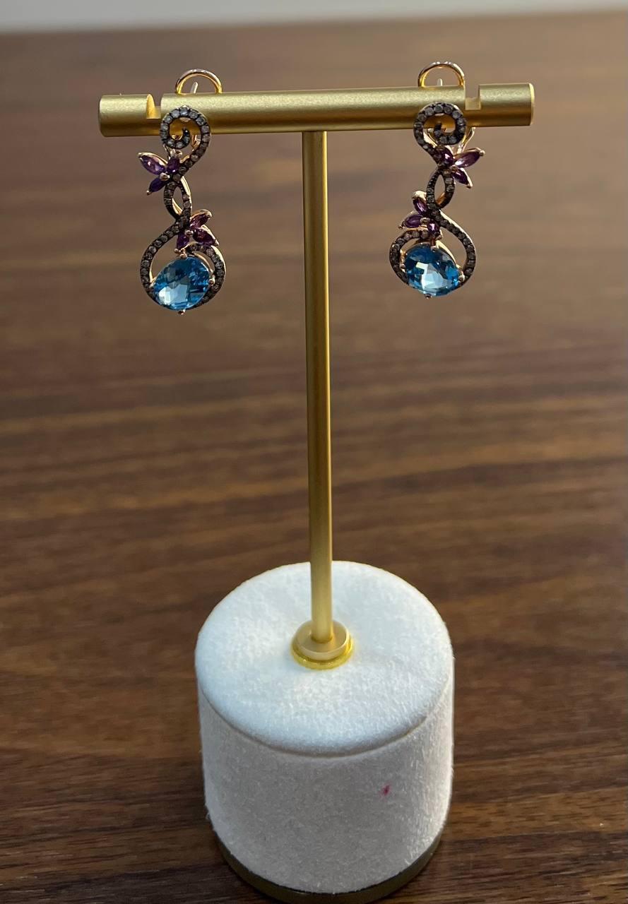 Women's Swiss Blue Topaz Floral Flower Nature Branch Amethyst Motif Rose Gold Earrings For Sale
