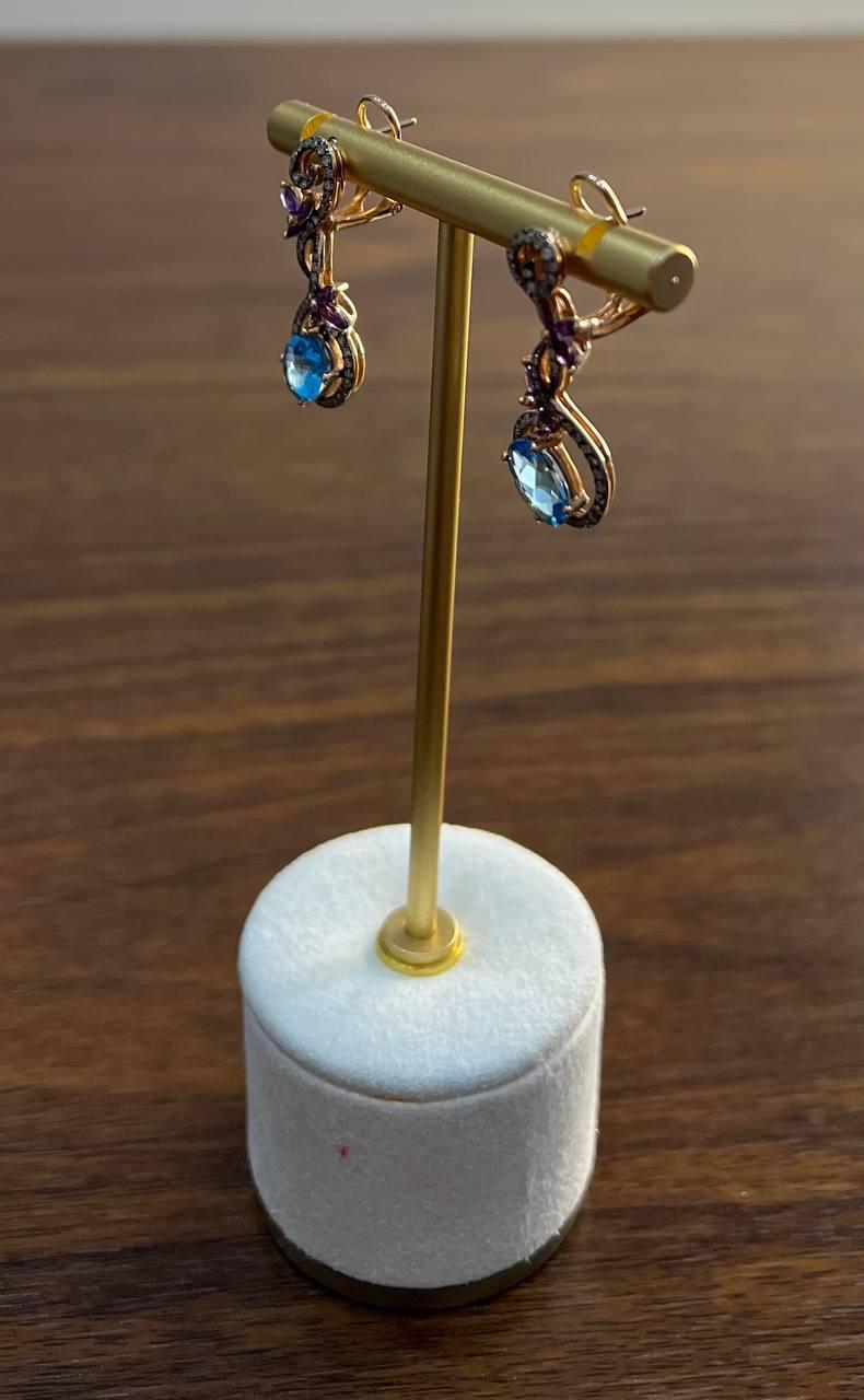 Swiss Blue Topaz Floral Flower Nature Branch Amethyst Motif Rose Gold Earrings For Sale 1