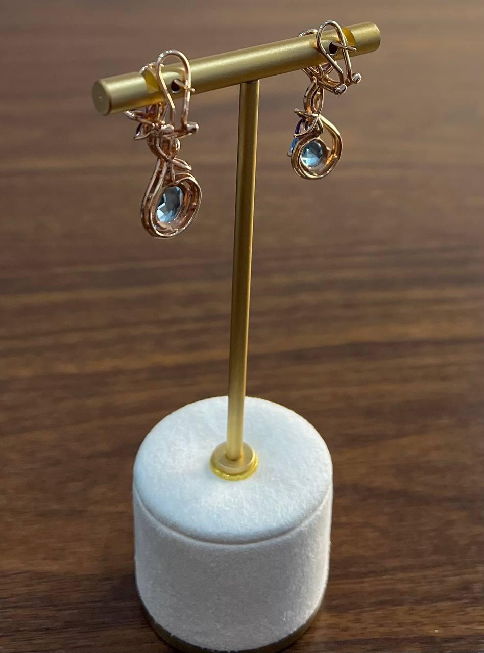 Swiss Blue Topaz Floral Flower Nature Branch Amethyst Motif Rose Gold Earrings For Sale 2