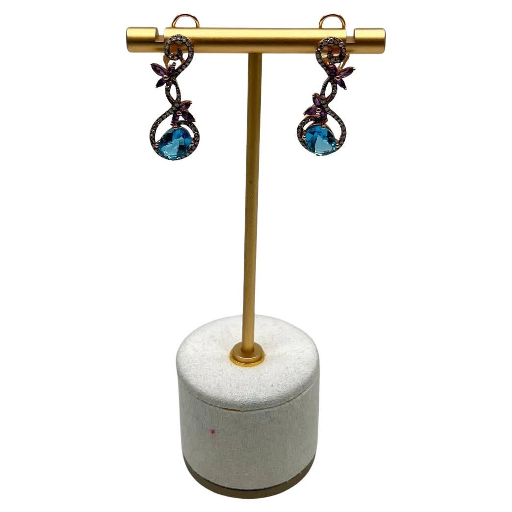 Swiss Blue Topaz Floral Flower Nature Branch Amethyst Motif Rose Gold Earrings For Sale