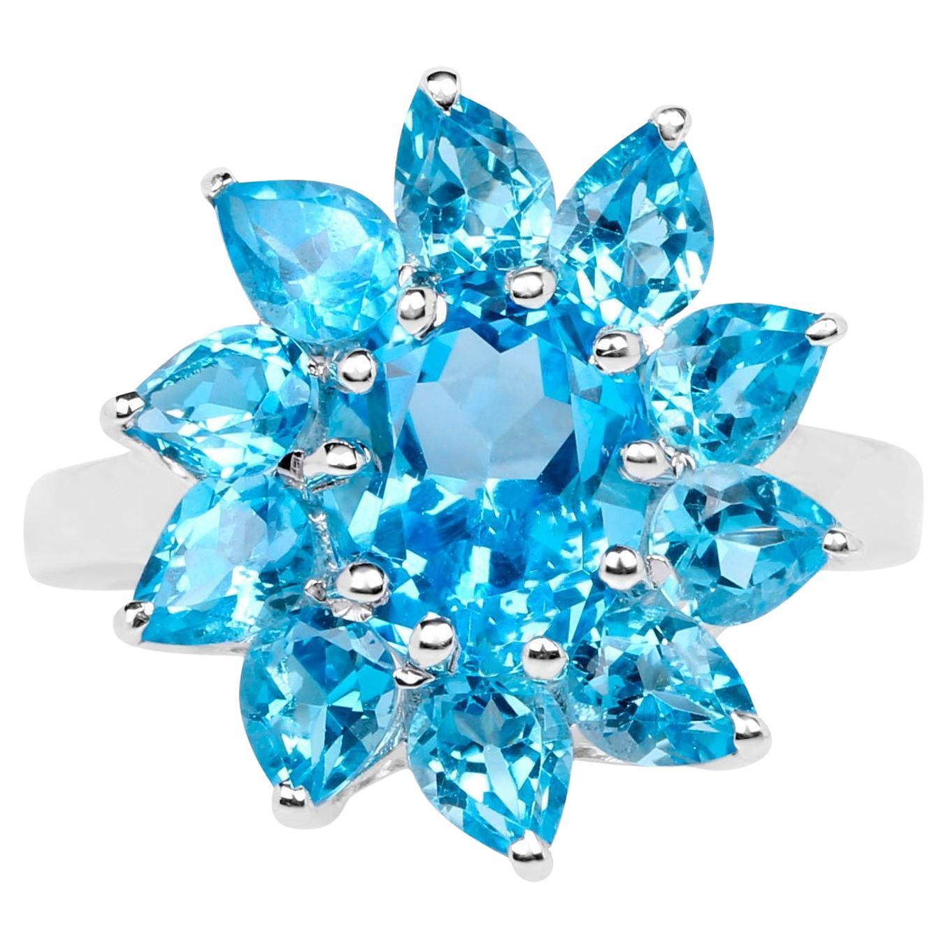 Swiss Blue Topaz Floral Ring 6.4 Carats
