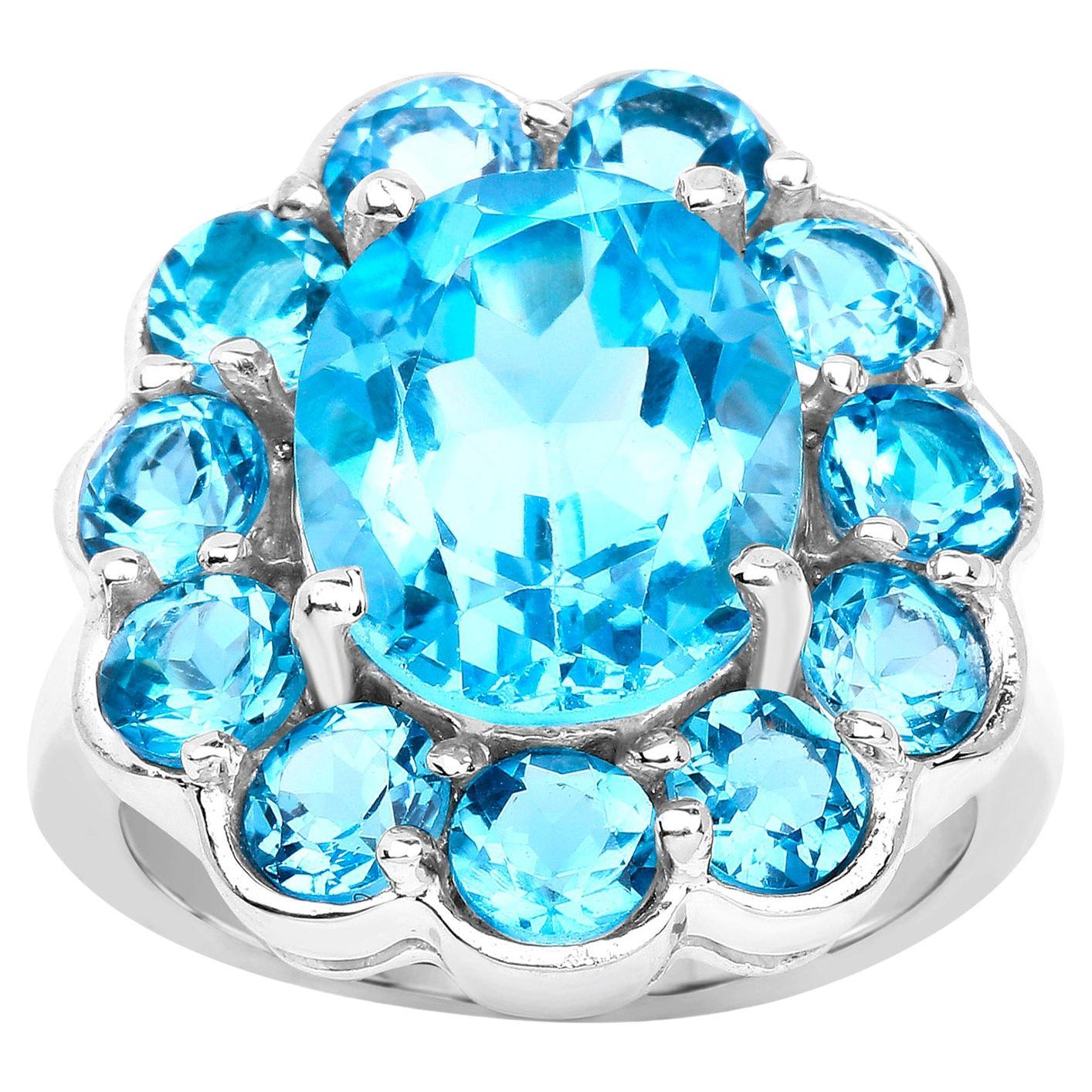 Swiss Blue Topaz Flower Cocktail Ring 8.8 Carats Sterling Silver For Sale