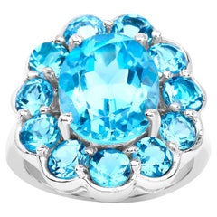 Swiss Blue Topaz Flower Cocktail Ring 8.8 Carats Sterling Silver