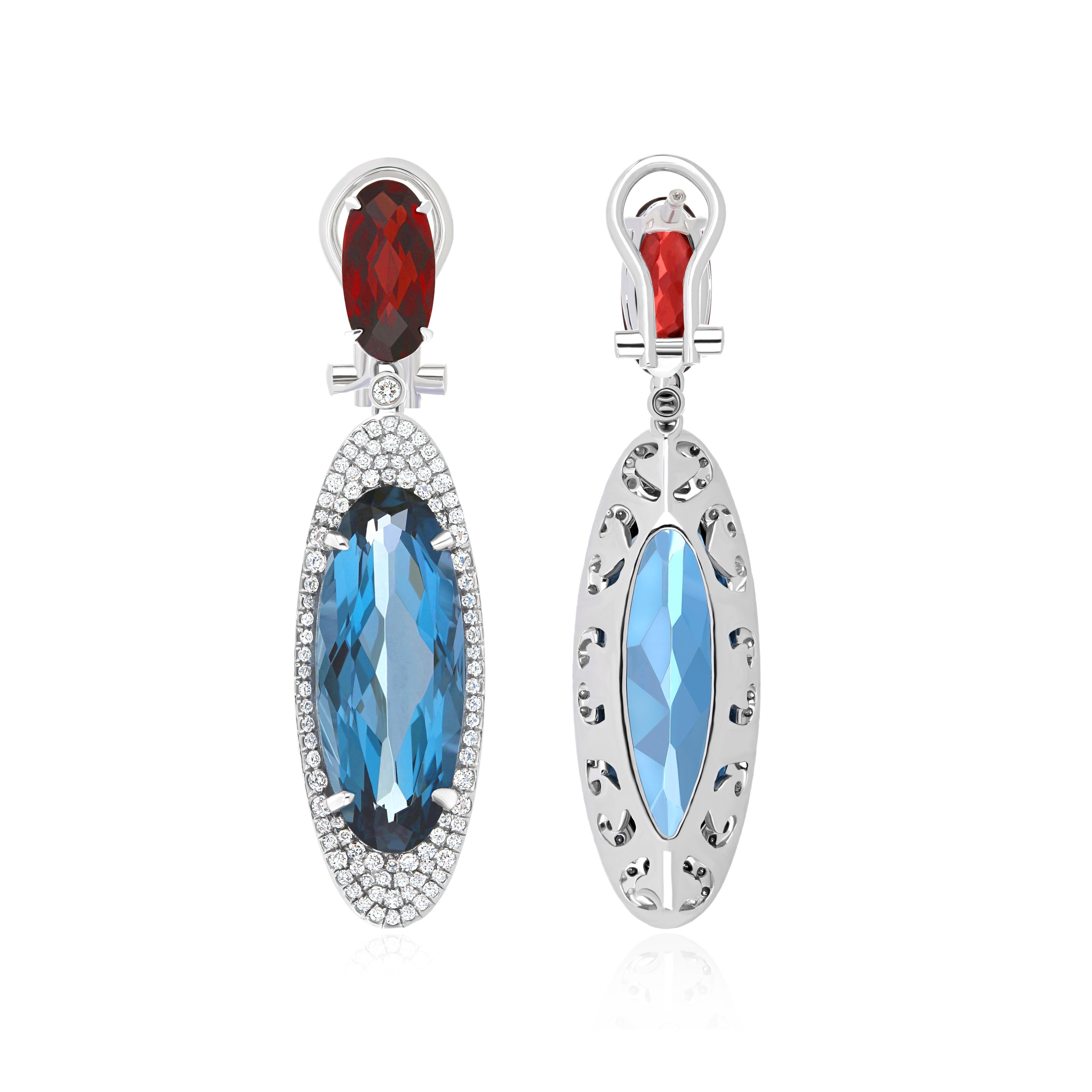 Oval Cut Swiss Blue Topaz, Garnet & Diamond Studded 14 Karat White Gold  Earrings For Sale