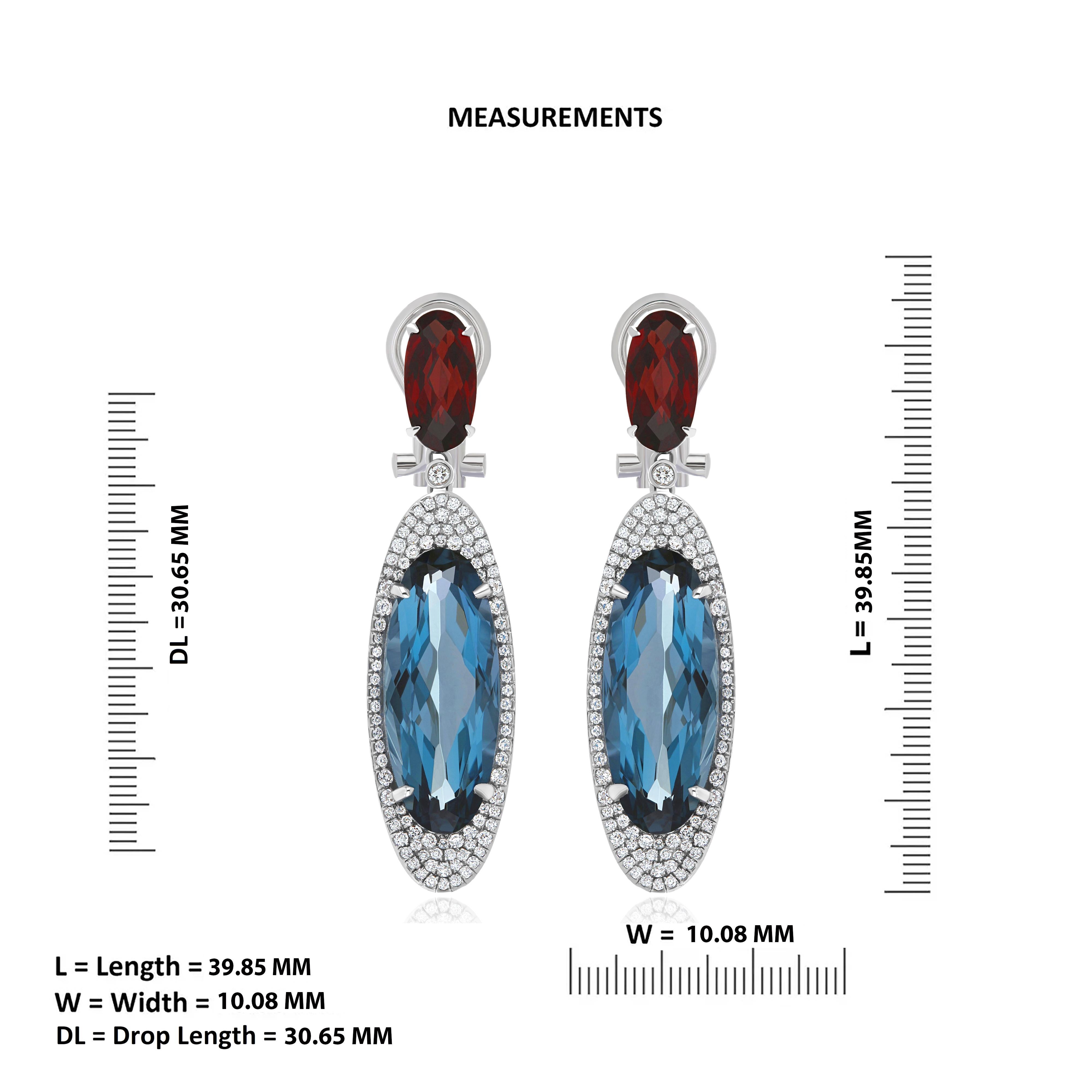 Swiss Blue Topaz, Garnet & Diamond Studded 14 Karat White Gold  Earrings In New Condition For Sale In JAIPUR, IN