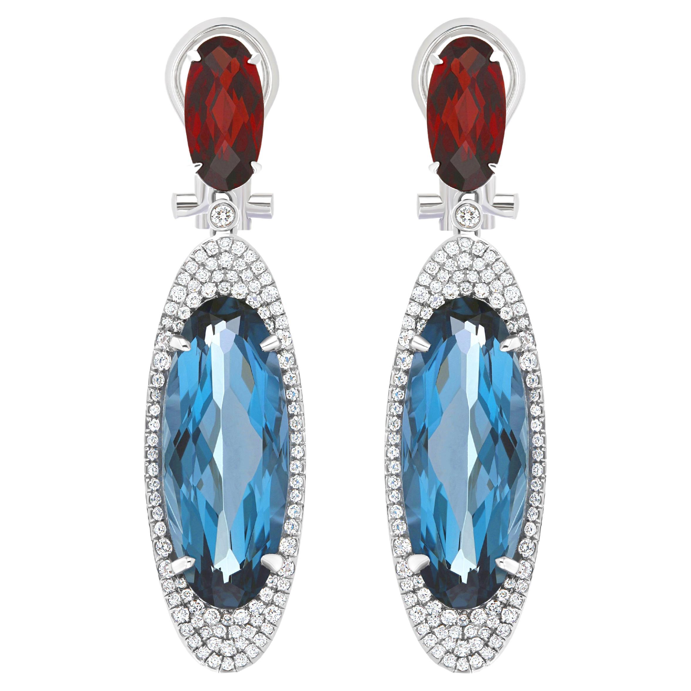 Swiss Blue Topaz, Garnet & Diamond Studded 14 Karat White Gold  Earrings