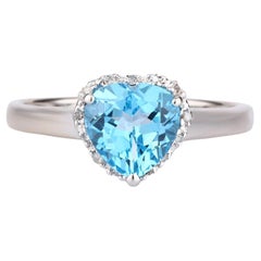 Swiss Blue Topaz Heart Ring With Diamonds 2.15 Carats 9K White Gold