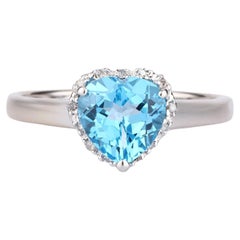 Swiss Blue Topaz Heart Ring With Diamonds 2.15 Carats 9K White Gold
