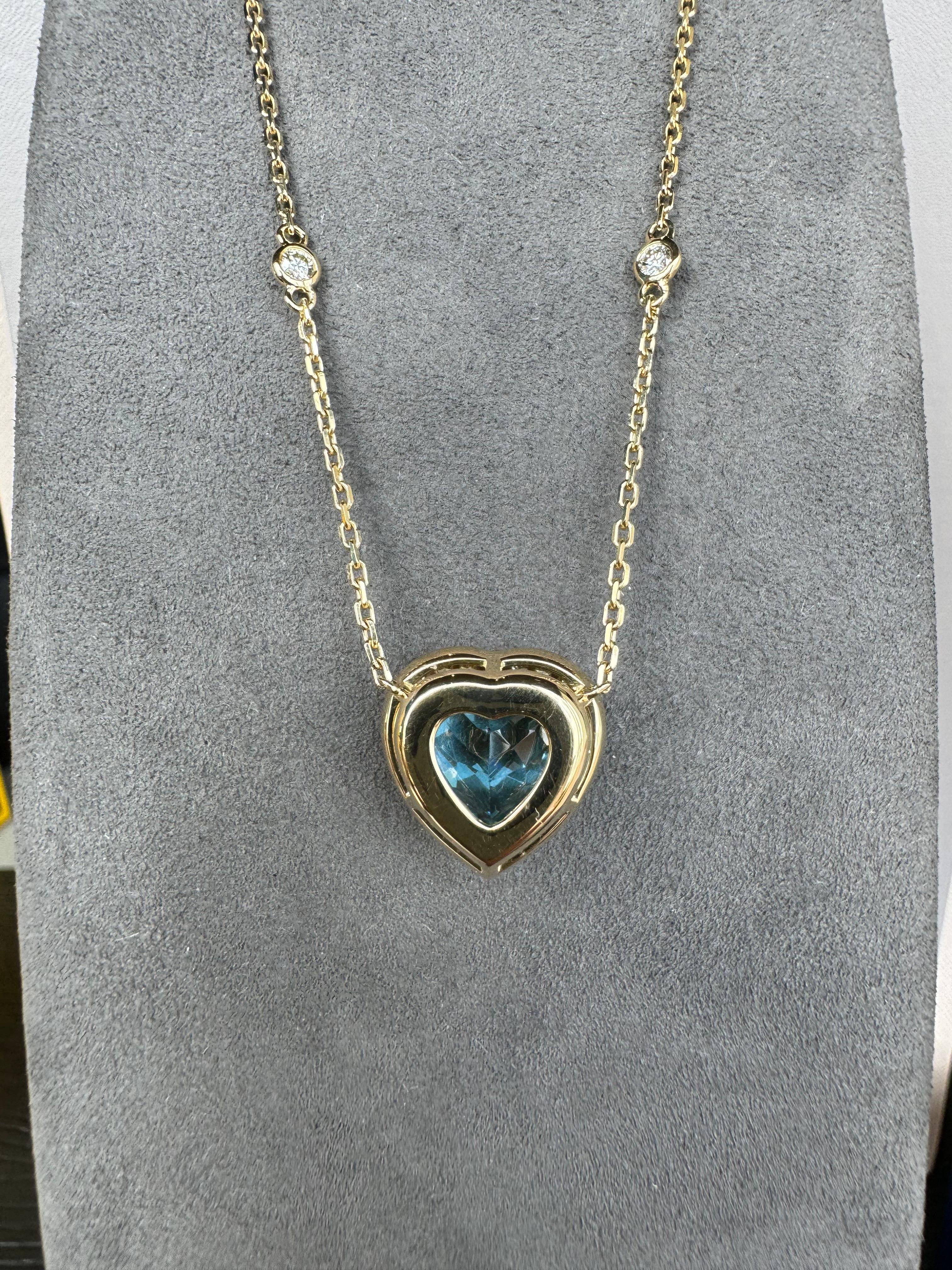 Swiss Blue Topaz Heart Shape Cut Diamond Halo 18K Yellow Gold Pendant Necklace For Sale 4
