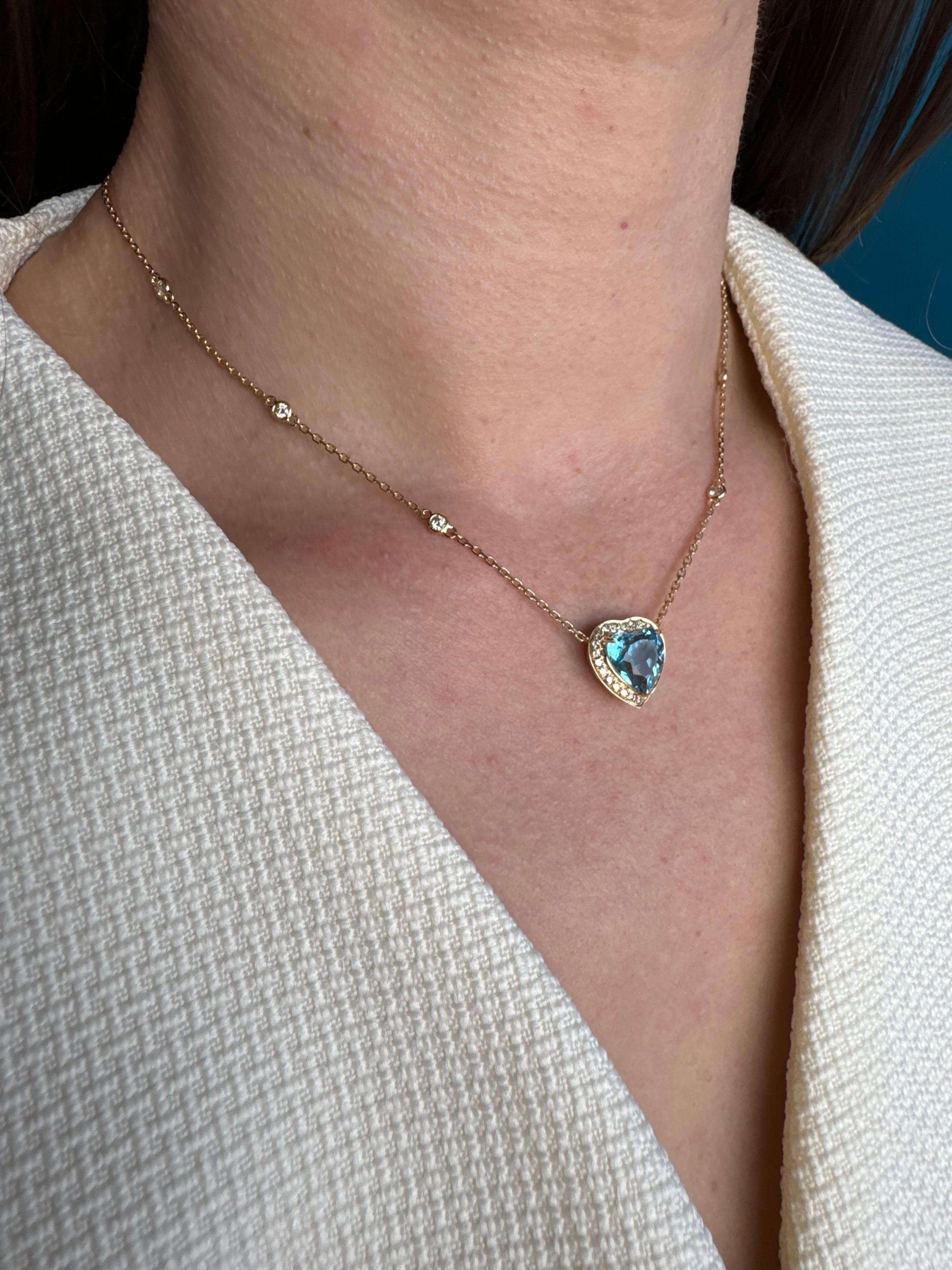 Swiss Blue Topaz Heart Shape Cut Diamond Halo 18K Yellow Gold Pendant Necklace For Sale 8