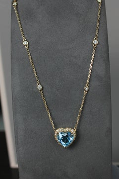 Schweizer Blautopas Herzform Schliff Diamant Halo 18K Gelbgold Anhänger Halskette