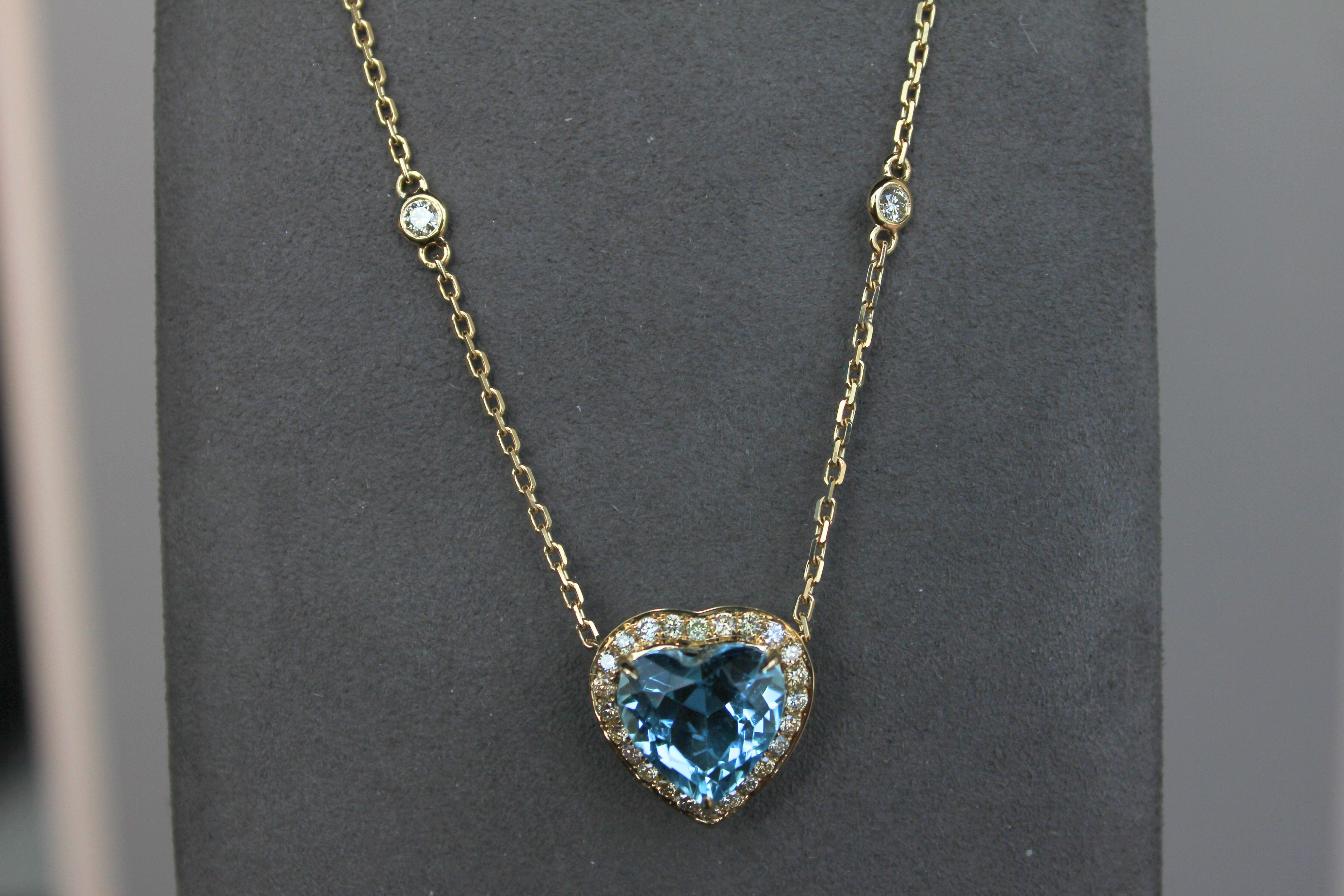Heart Cut Swiss Blue Topaz Heart Shape Cut Diamond Halo 18K Yellow Gold Pendant Necklace For Sale