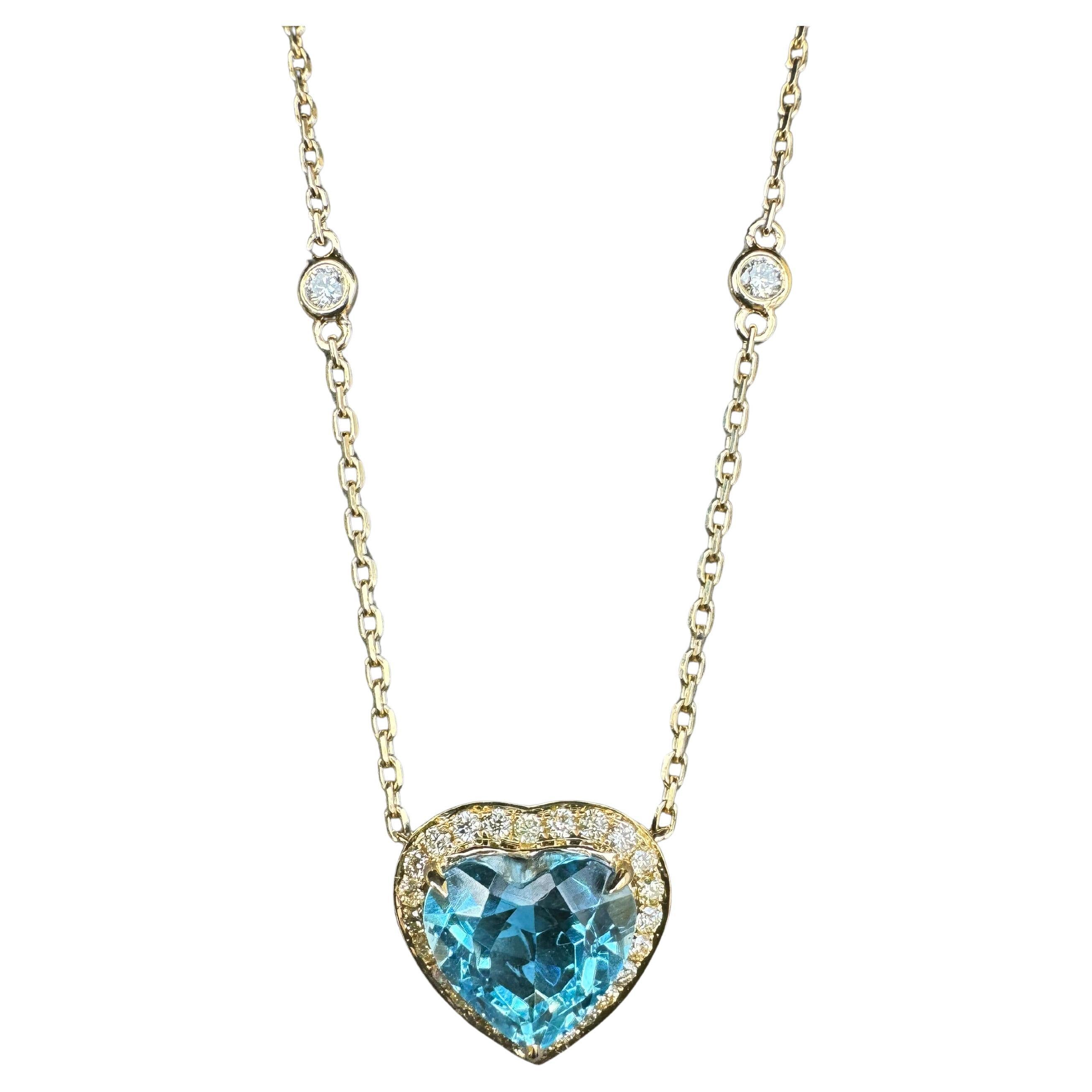 Swiss Blue Topaz Heart Shape Cut Diamond Halo 18K Yellow Gold Pendant Necklace