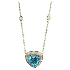 Swiss Blue Topaz Heart Shape Cut Diamond Halo 18K Yellow Gold Pendant Necklace