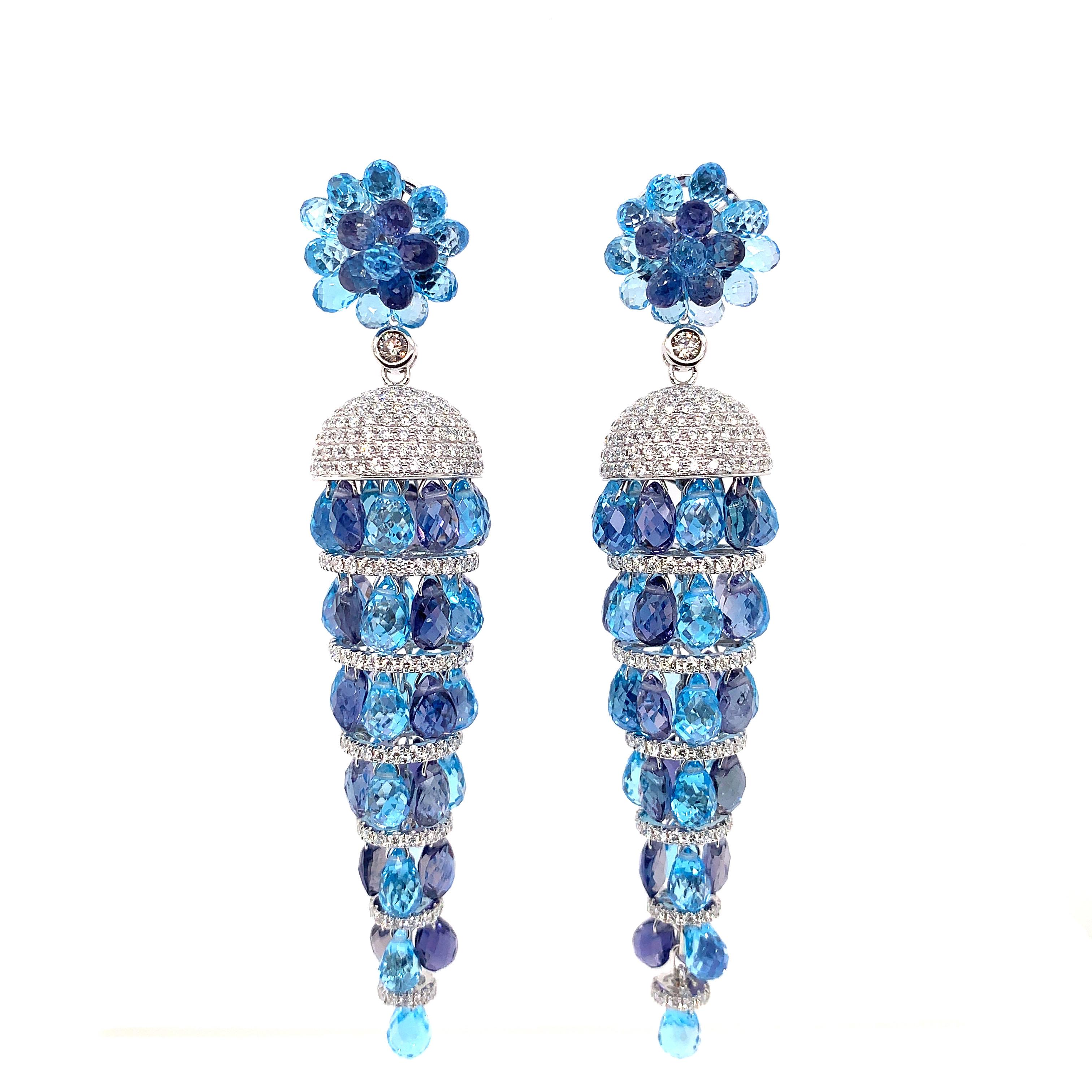 Pear Cut Swiss Blue Topaz and Iolite Earring in 18 Karat White Gold with Diamonds For Sale