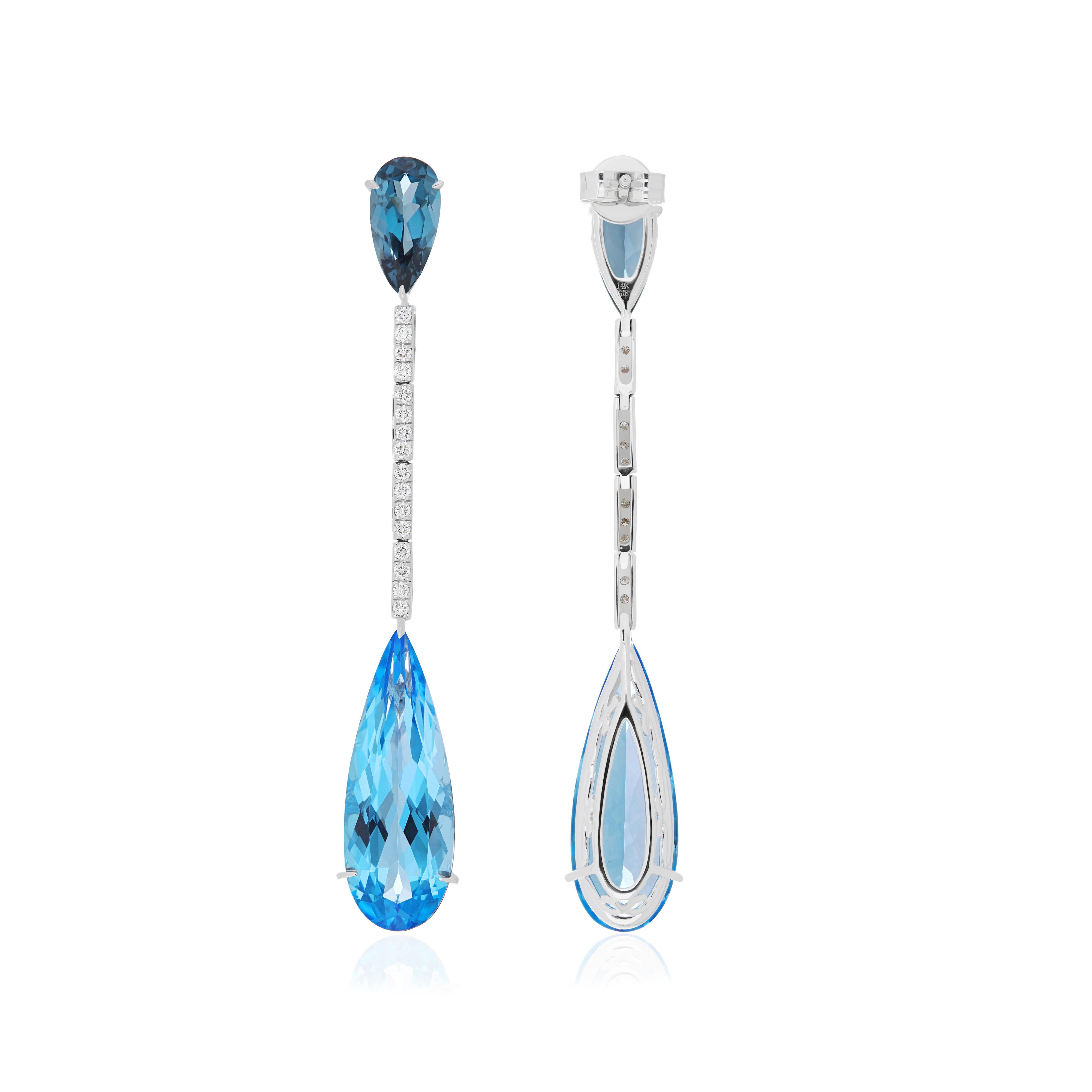 Pear Cut Swiss Blue Topaz, London Blue Topaz & Diamond 14 karat White Gold Drop Earring   For Sale