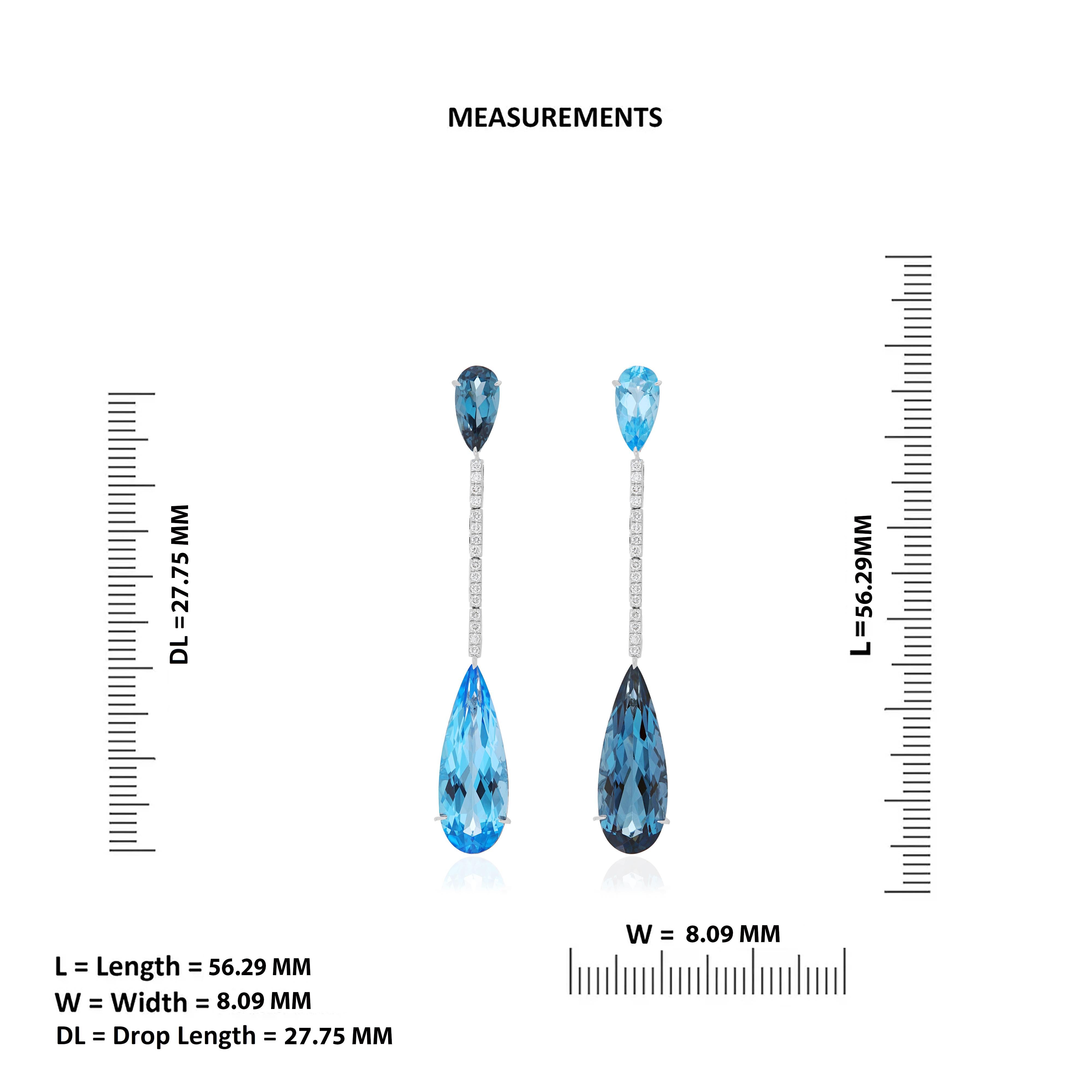 Swiss Blue Topaz, London Blue Topaz & Diamond 14 karat White Gold Drop Earring   In New Condition For Sale In JAIPUR, IN