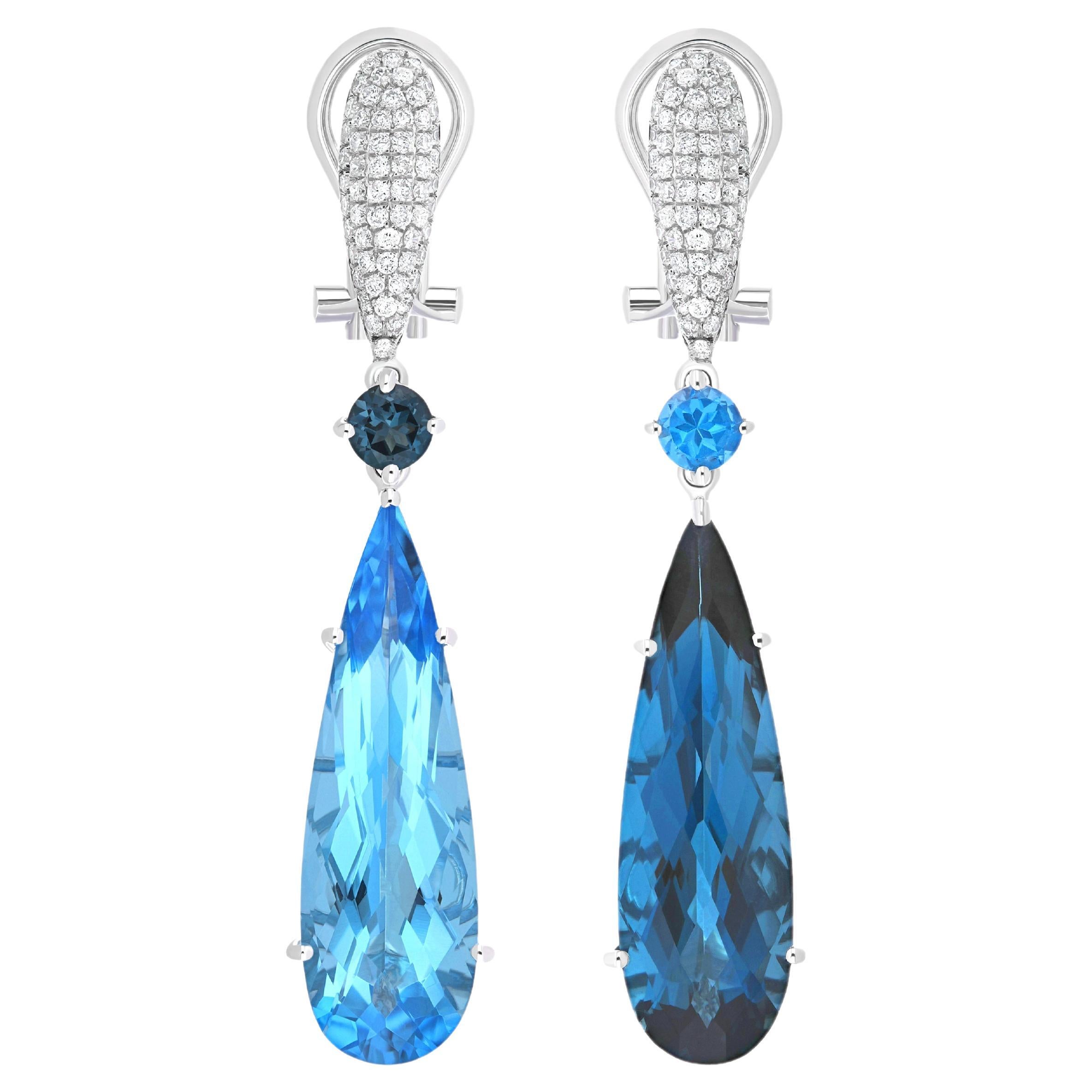 Boucles d'oreilles en goutte en or blanc 14 carats avec topaze bleue suisse, topaze bleue de Londres et diamant  