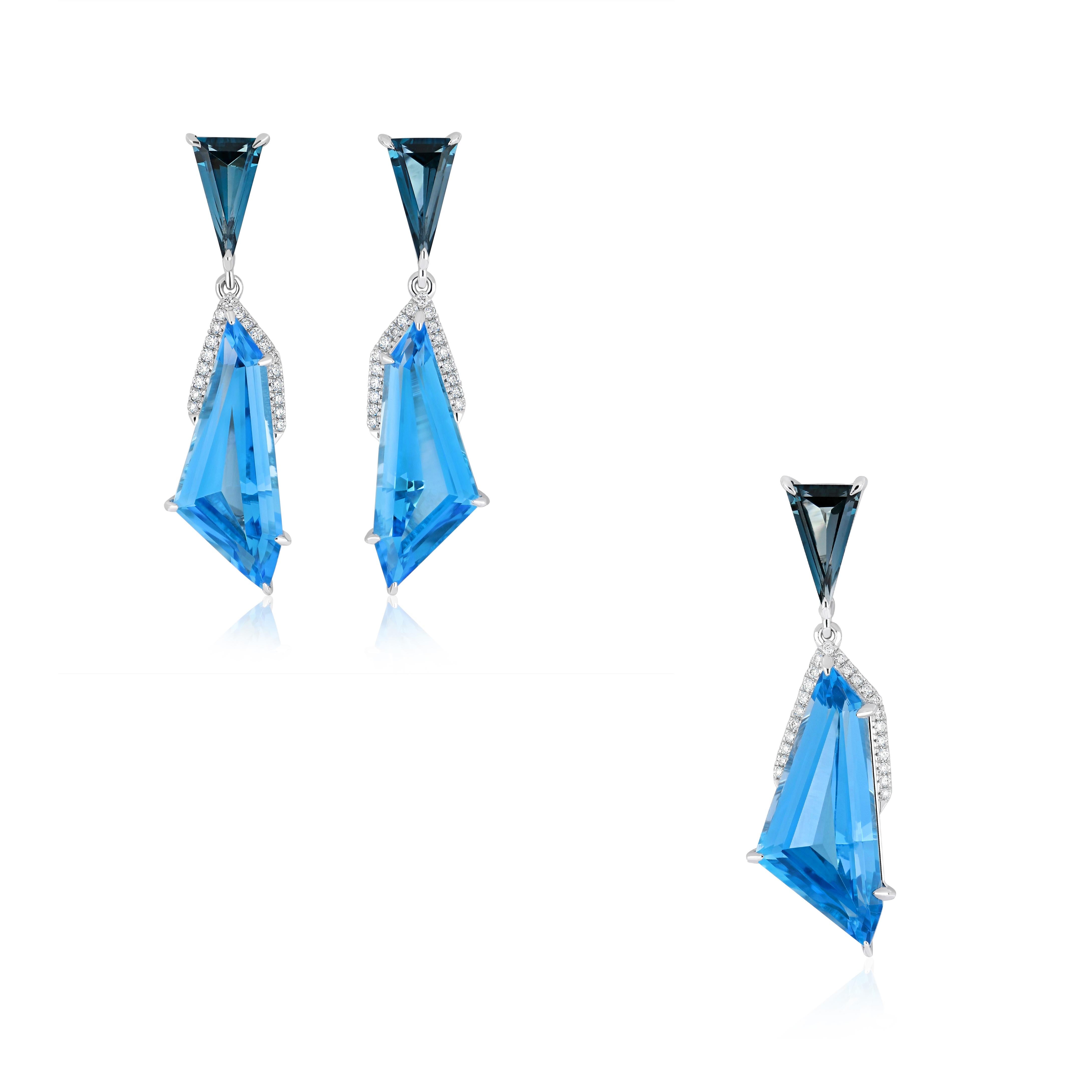 Set di orecchini con ciondolo in oro bianco 14k, topazio blu svizzero, topazio blu di Londra e diamante in vendita 3