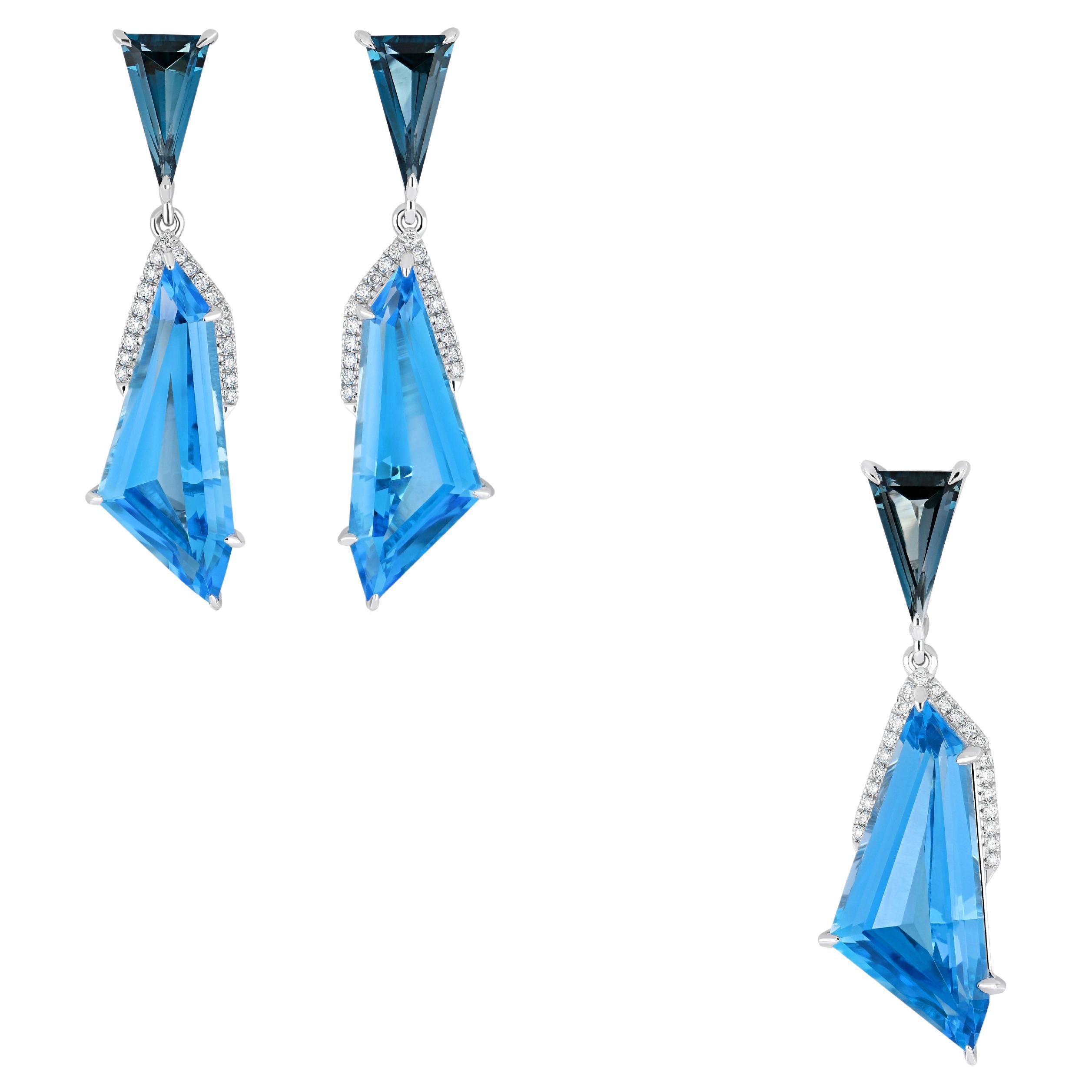 Swiss Blue Topaz, London Blue Topaz & Diamond Pendant Earring Set 14k White Gold