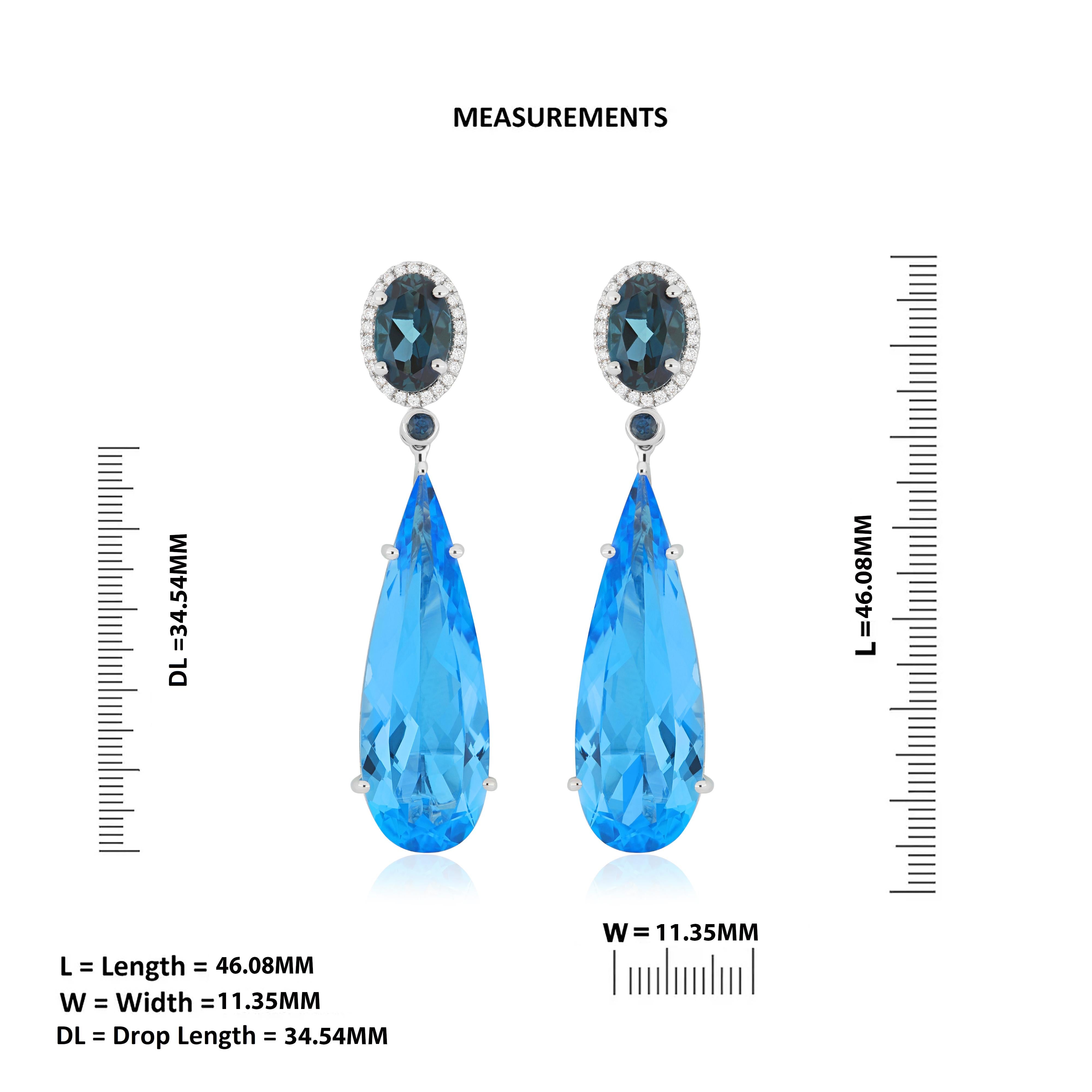 The Earrings: Introducing our Exquisite 18-Karat White Gold Earrings, a flawless pair that epitomizes the height of luxury and sophisticated design. At the heart of each earring, a remarkable 27.25cts (approx.) Pear Shape Faceted-Cut Swiss Blue
