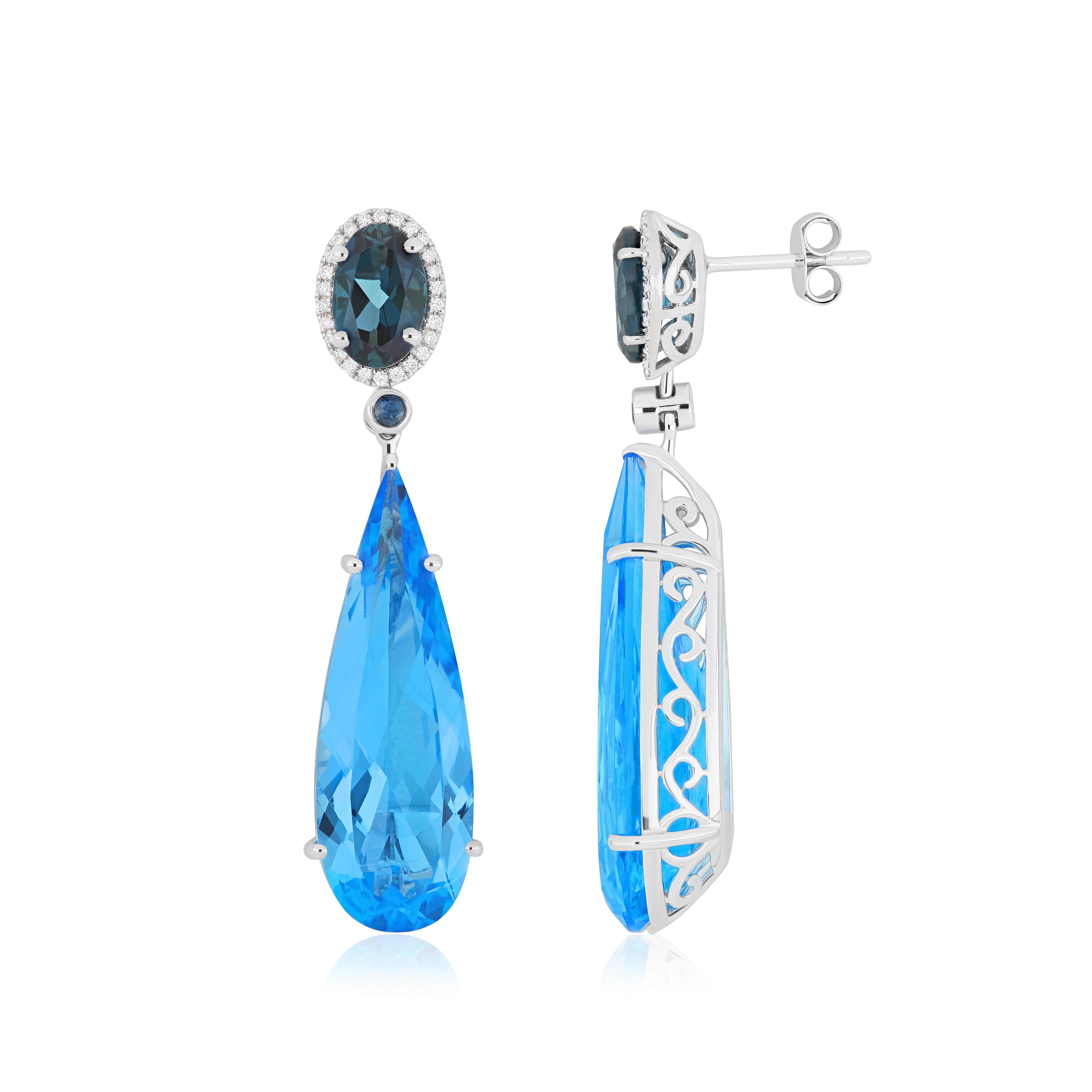 Women's Swiss Blue Topaz, London Blue Topaz & Diamond Pendant Earring Set 18K Gold For Sale