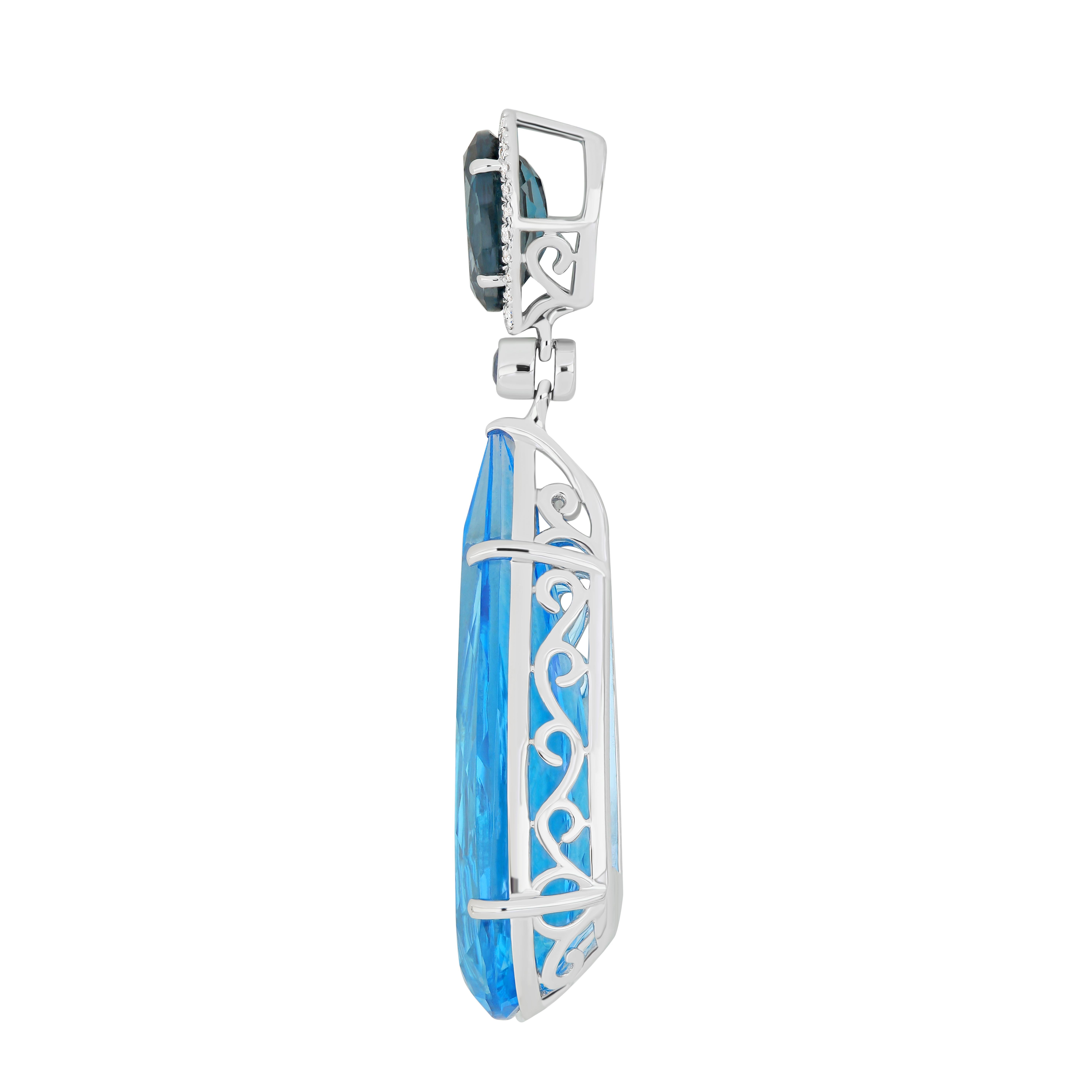 Swiss Blue Topaz, London Blue Topaz & Diamond Pendant Earring Set 18K Gold For Sale 1