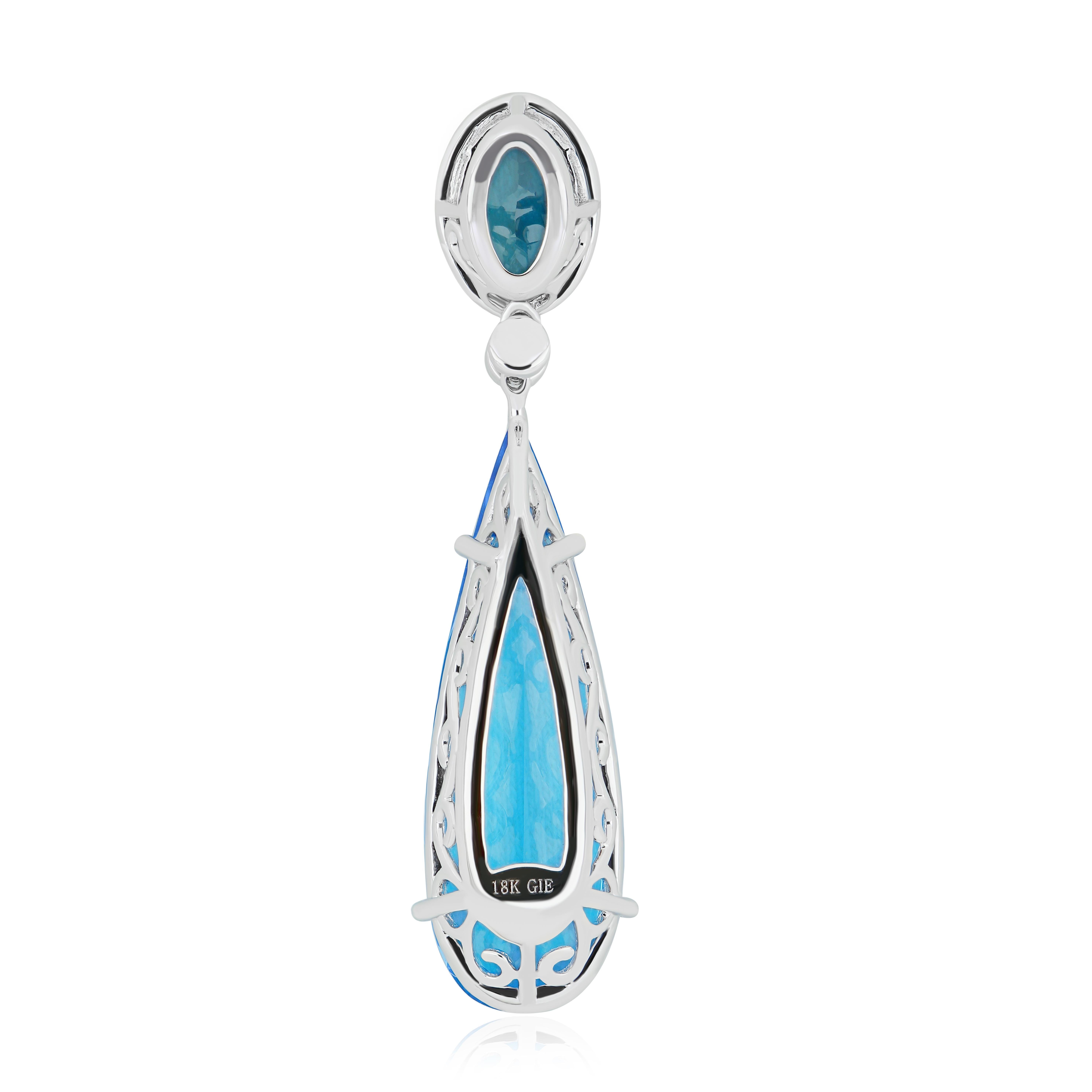 Swiss Blue Topaz, London Blue Topaz & Diamond Pendant Earring Set 18K Gold For Sale 2