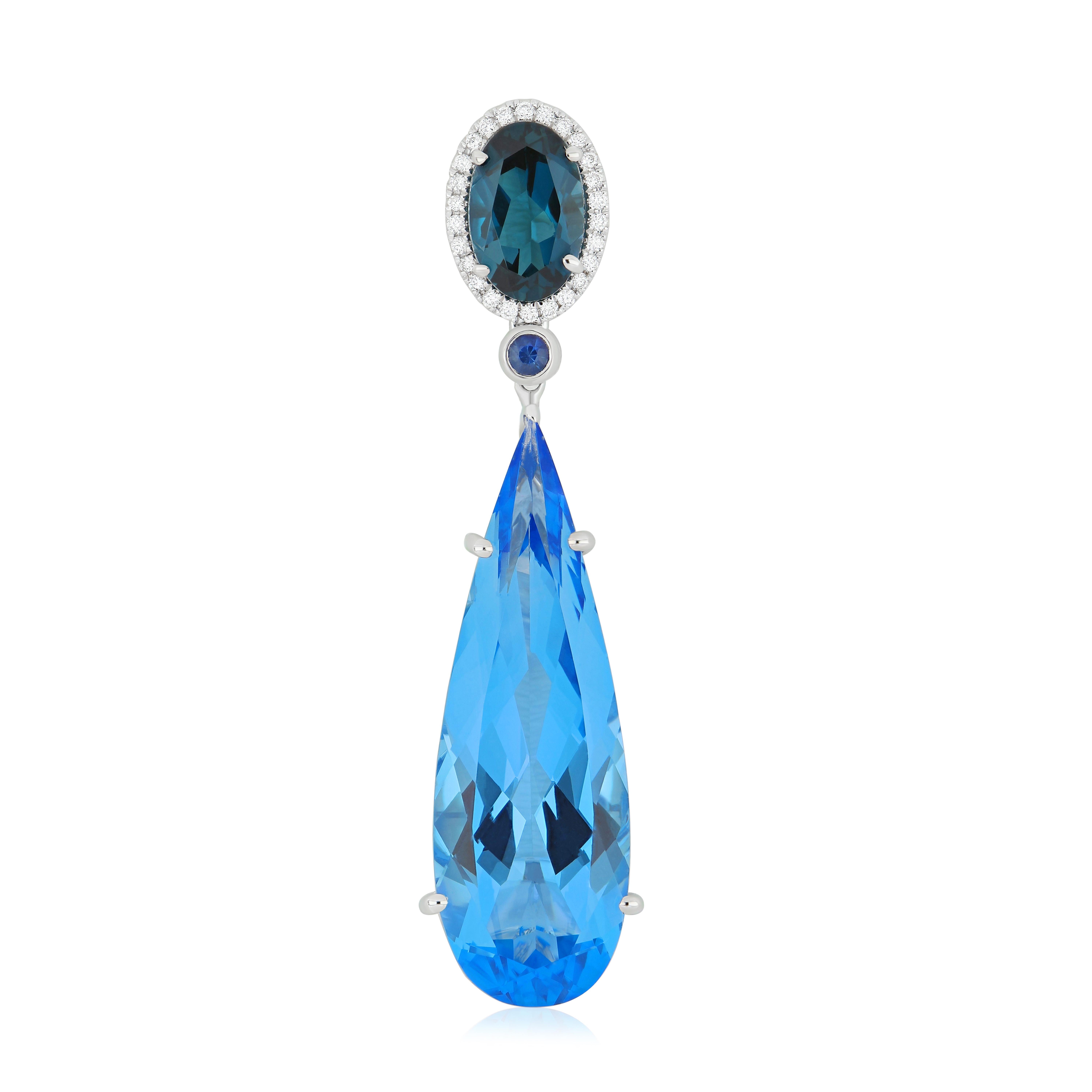 Swiss Blue Topaz, London Blue Topaz & Diamond Pendant Earring Set 18K Gold For Sale 3