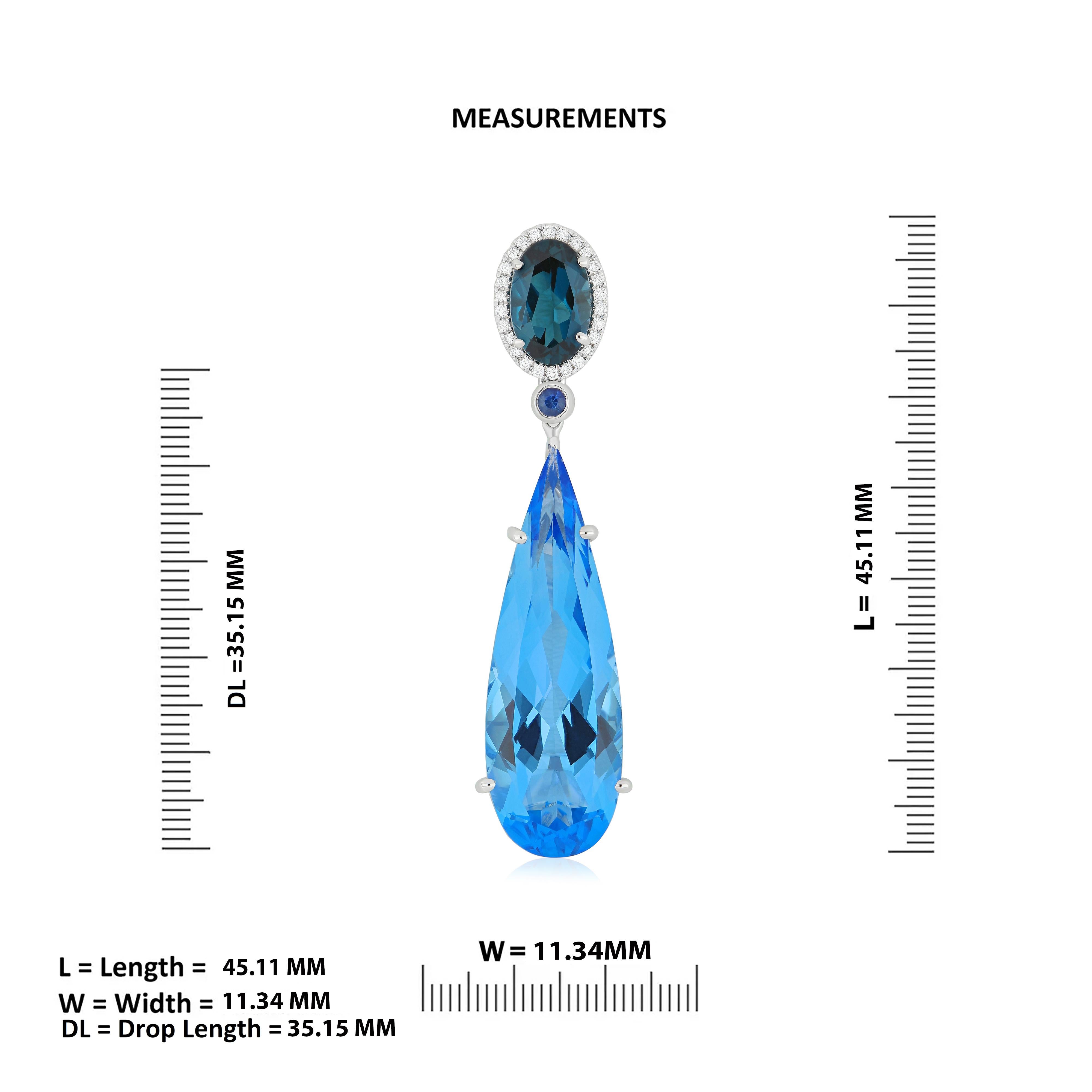 Swiss Blue Topaz, London Blue Topaz & Diamond Pendant Earring Set 18K Gold For Sale 4