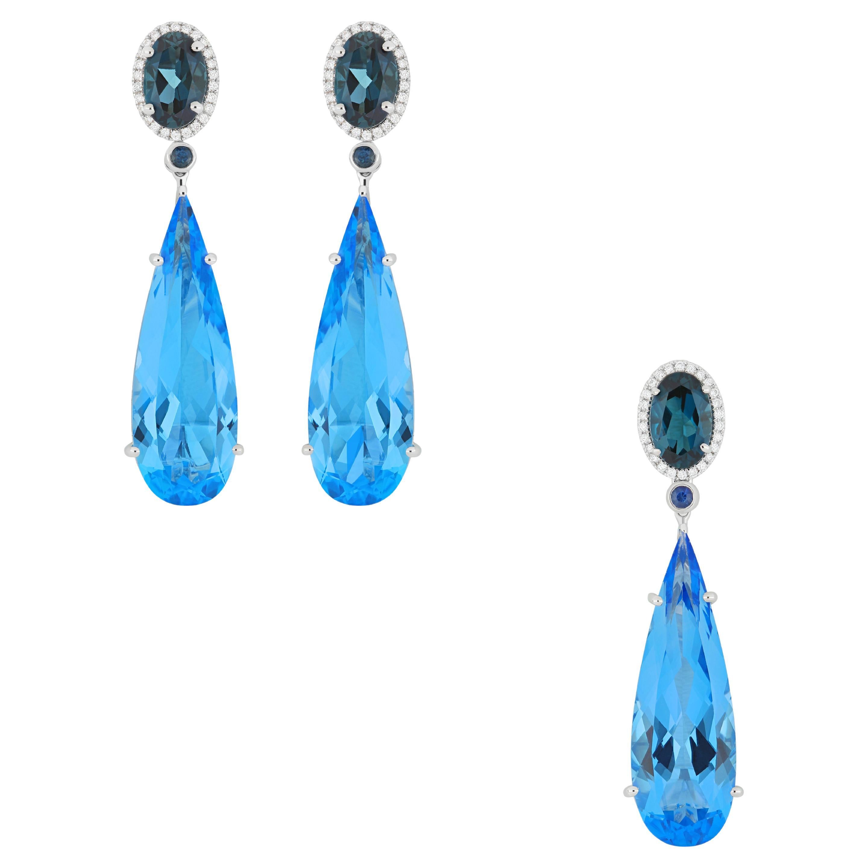 Swiss Blue Topaz, London Blue Topaz & Diamond Pendant Earring Set 18K Gold