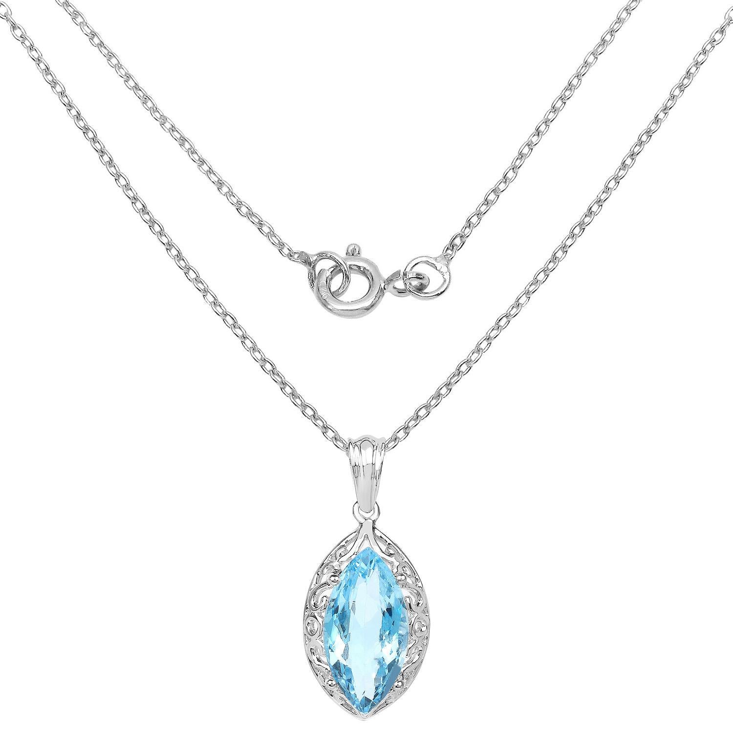 Contemporary Swiss Blue Topaz Marquise Pendant Necklace 8.2 Carats Sterling Silver For Sale