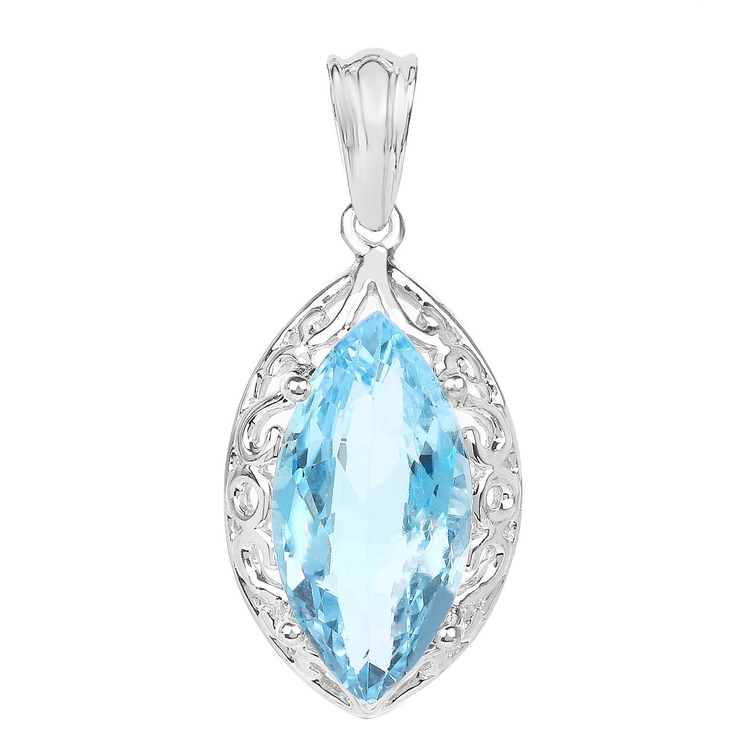 Swiss Blue Topaz Marquise Pendant Necklace 8.2 Carats Sterling Silver In Excellent Condition For Sale In Aliso Viejo, CA