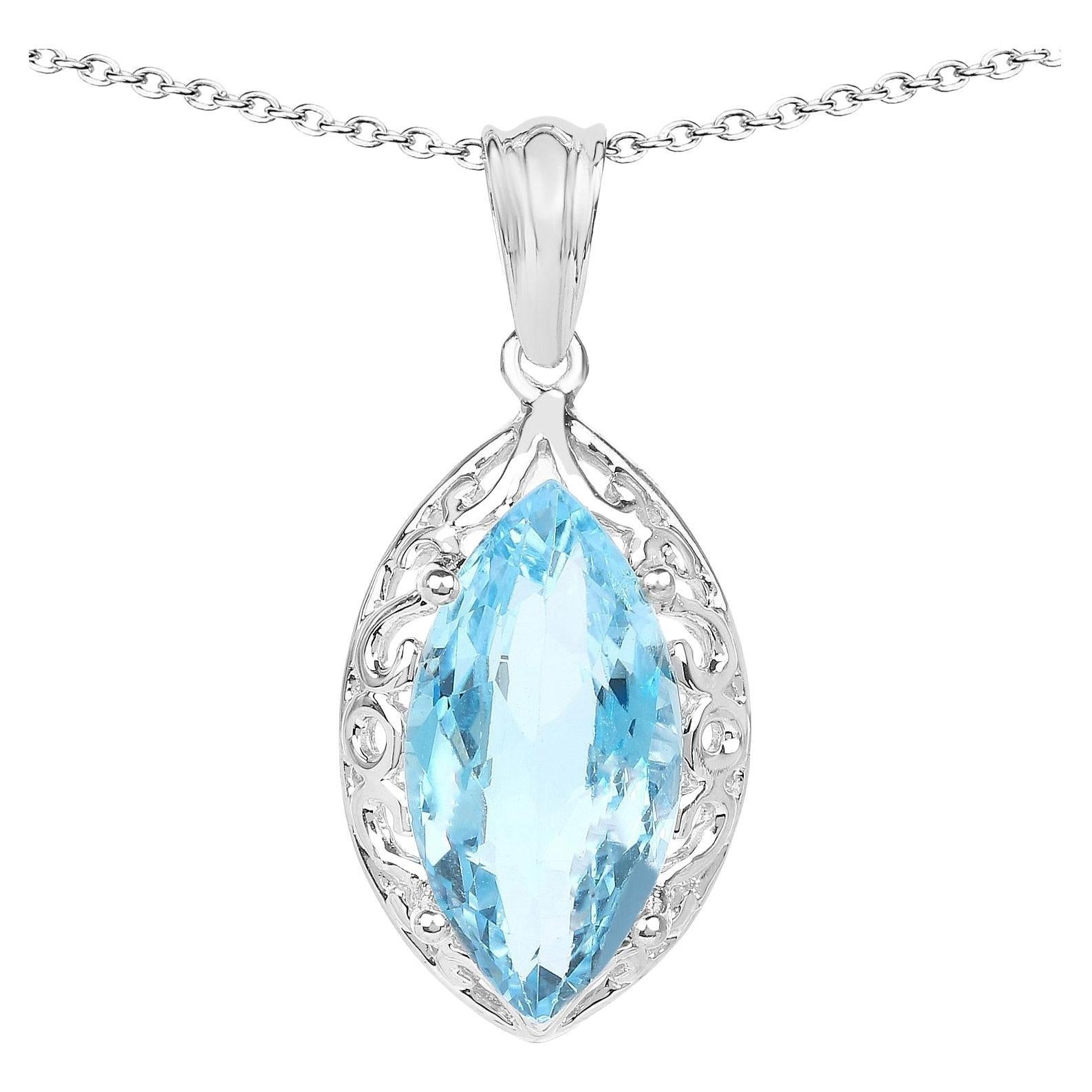 Collana con ciondolo a forma di marquise di topazio blu svizzero da 8,2 carati A. Silver
